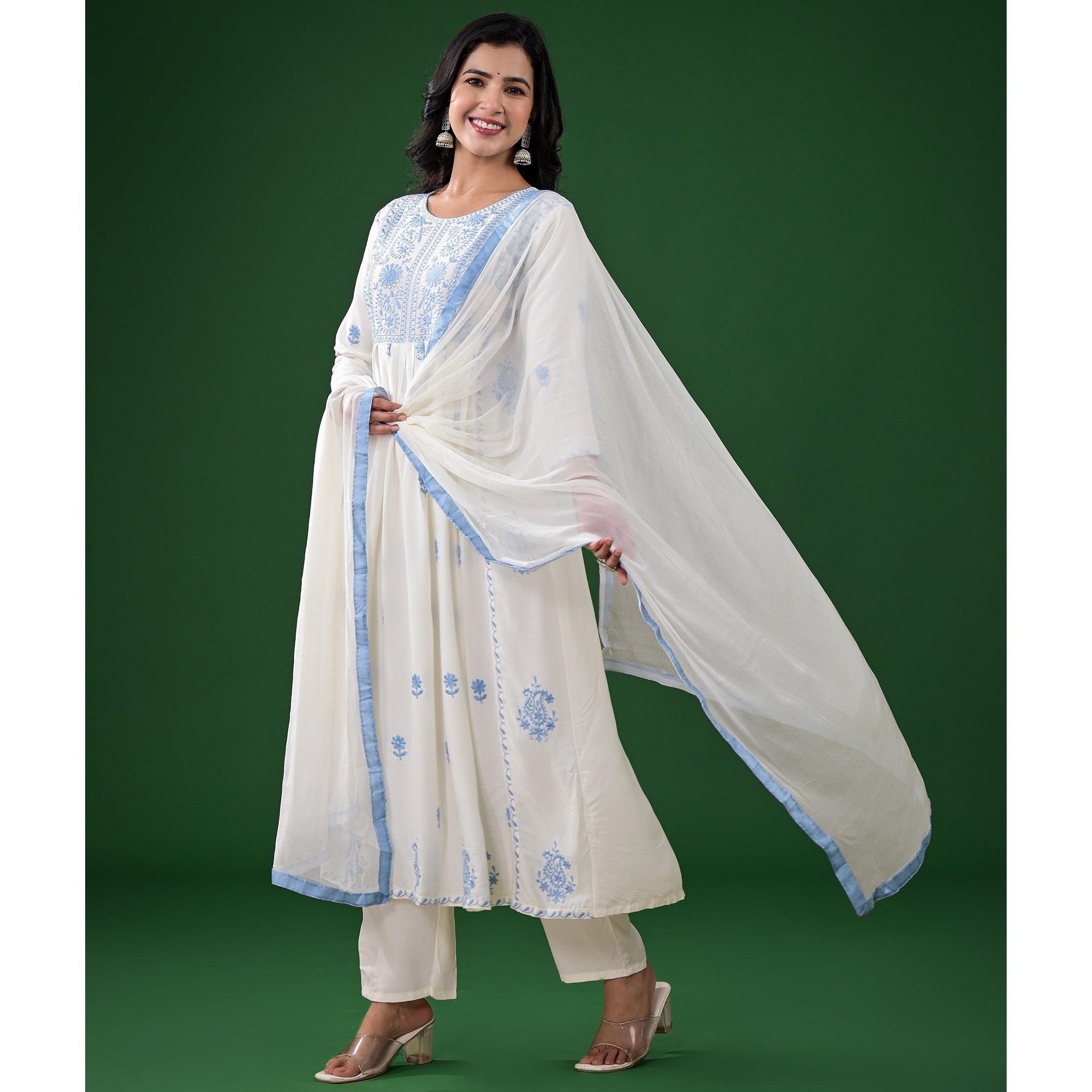 White Floral Embroidered Rayon A-Line Salwar Suit