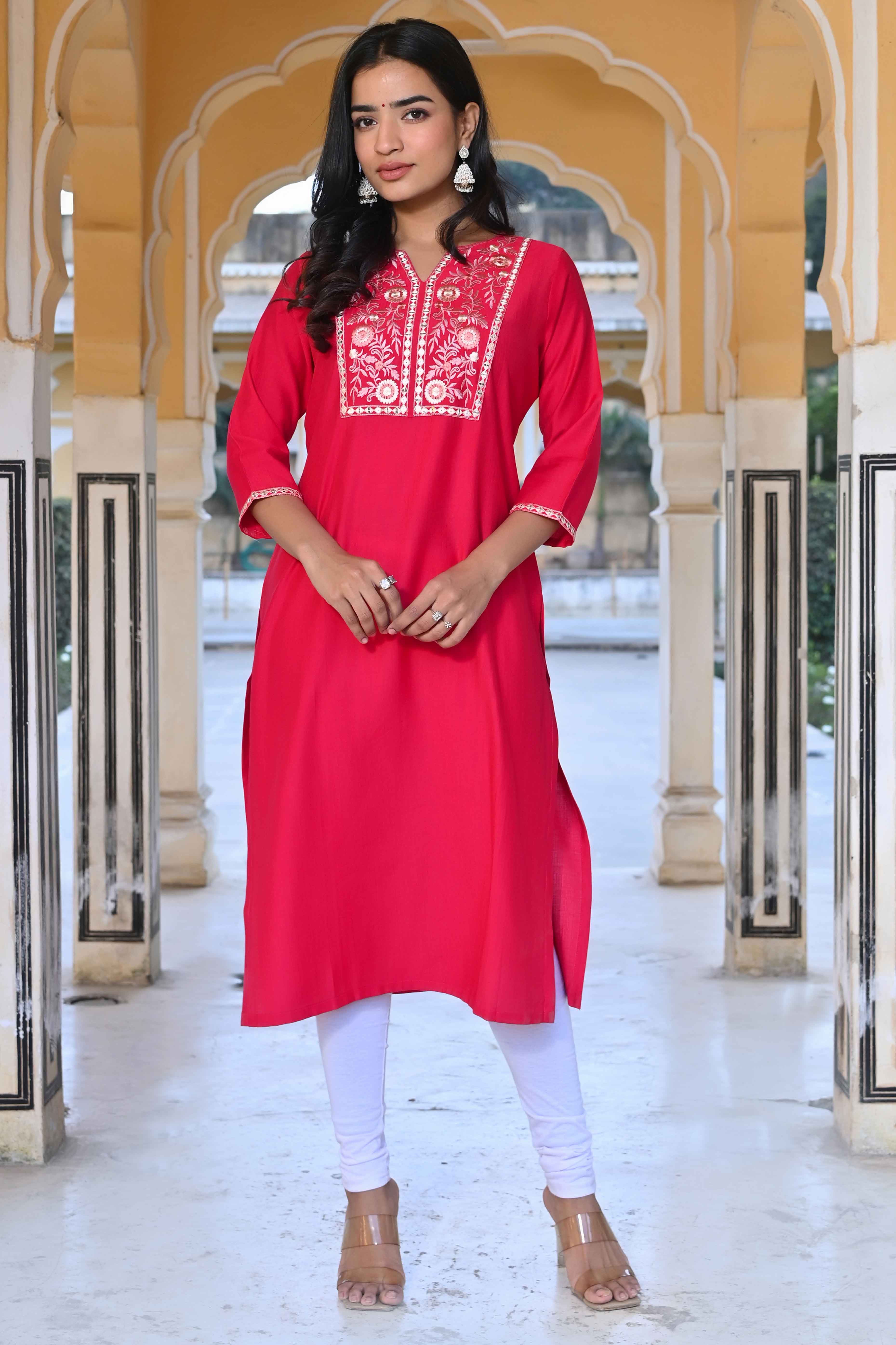 Pink Yoke Embroidered Pure Cotton Straight Kurti