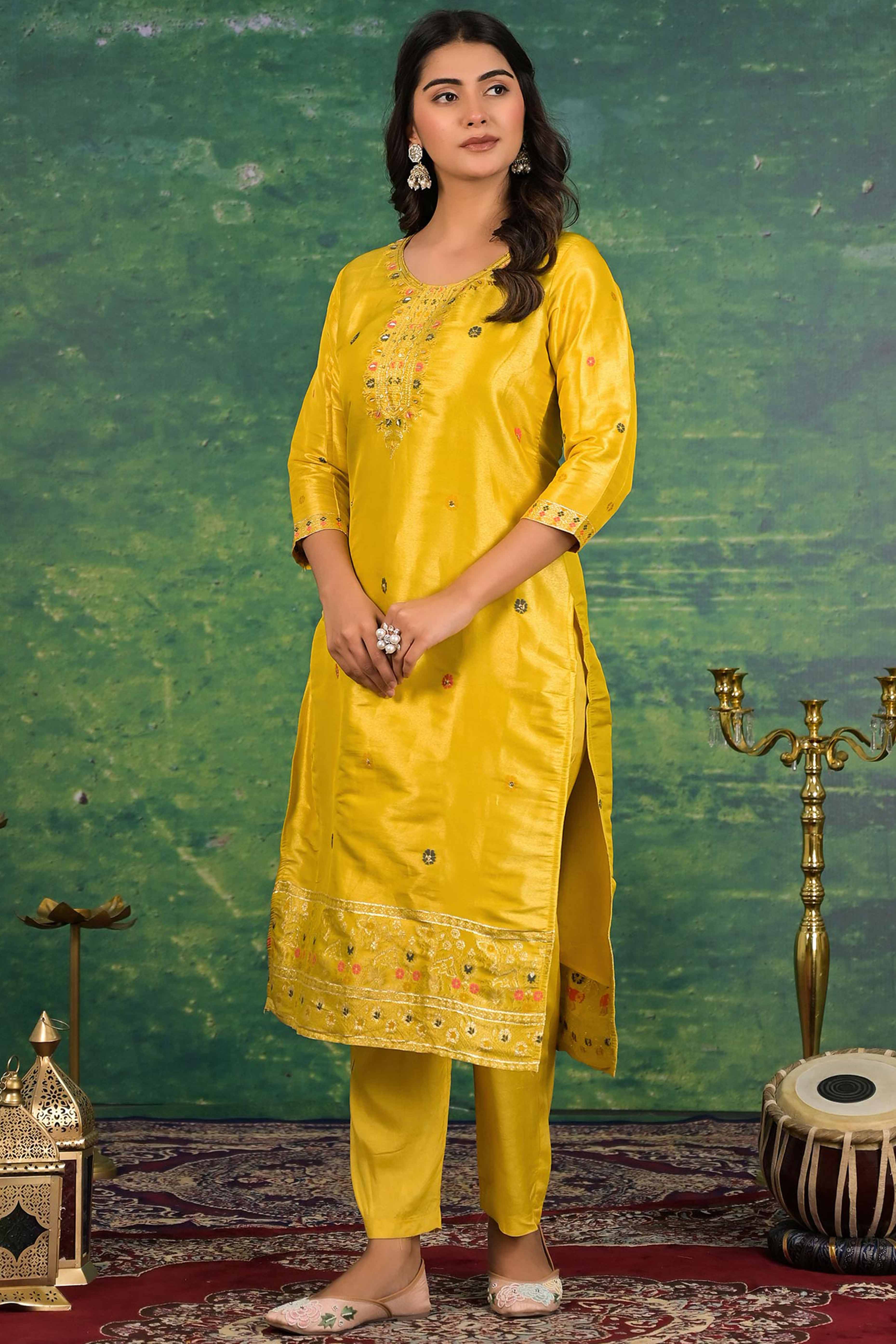 Mustard Floral Woven Dola Silk Salwar Suit