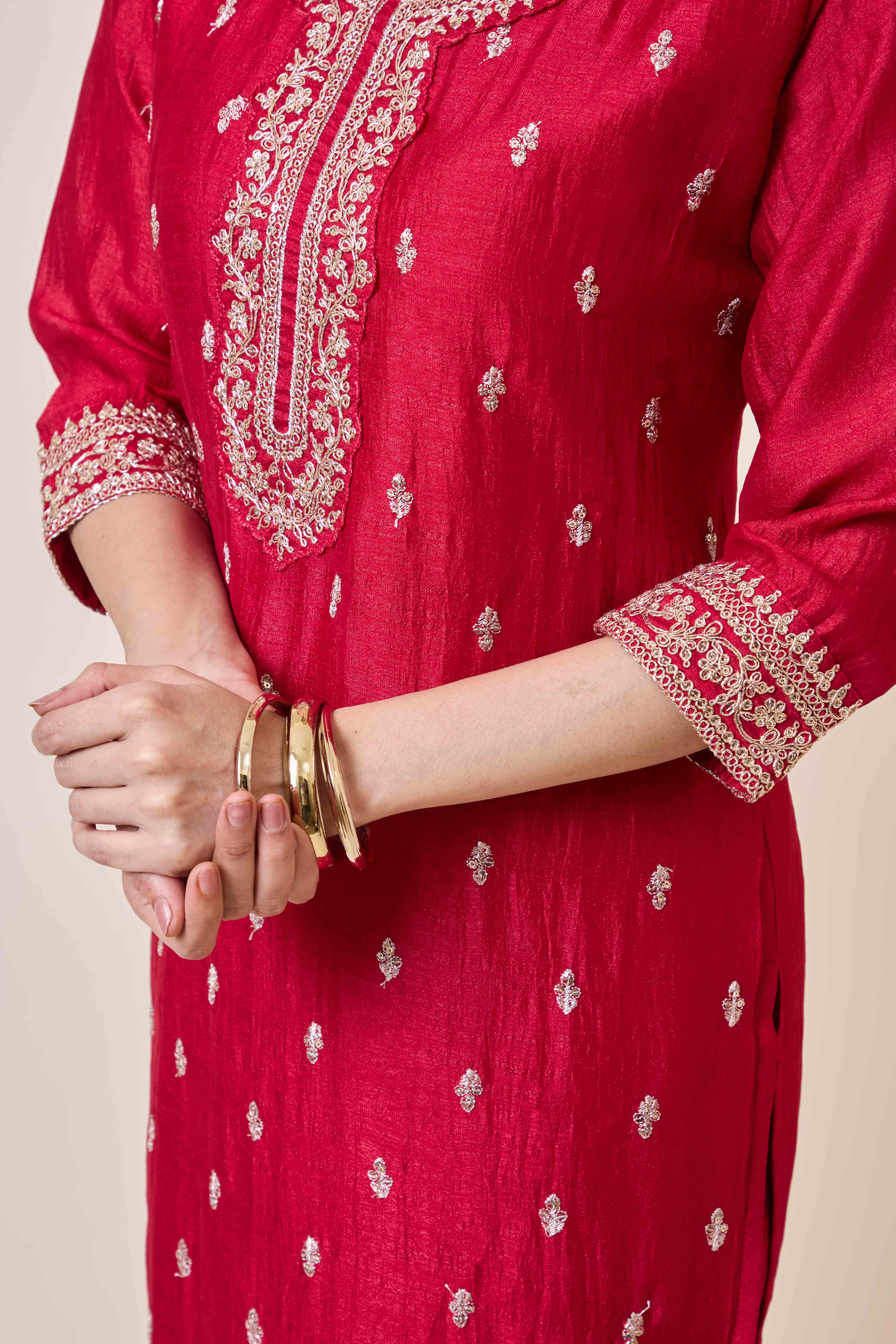 Dark Pink Embroidered Vichitra Silk Salwar Suit