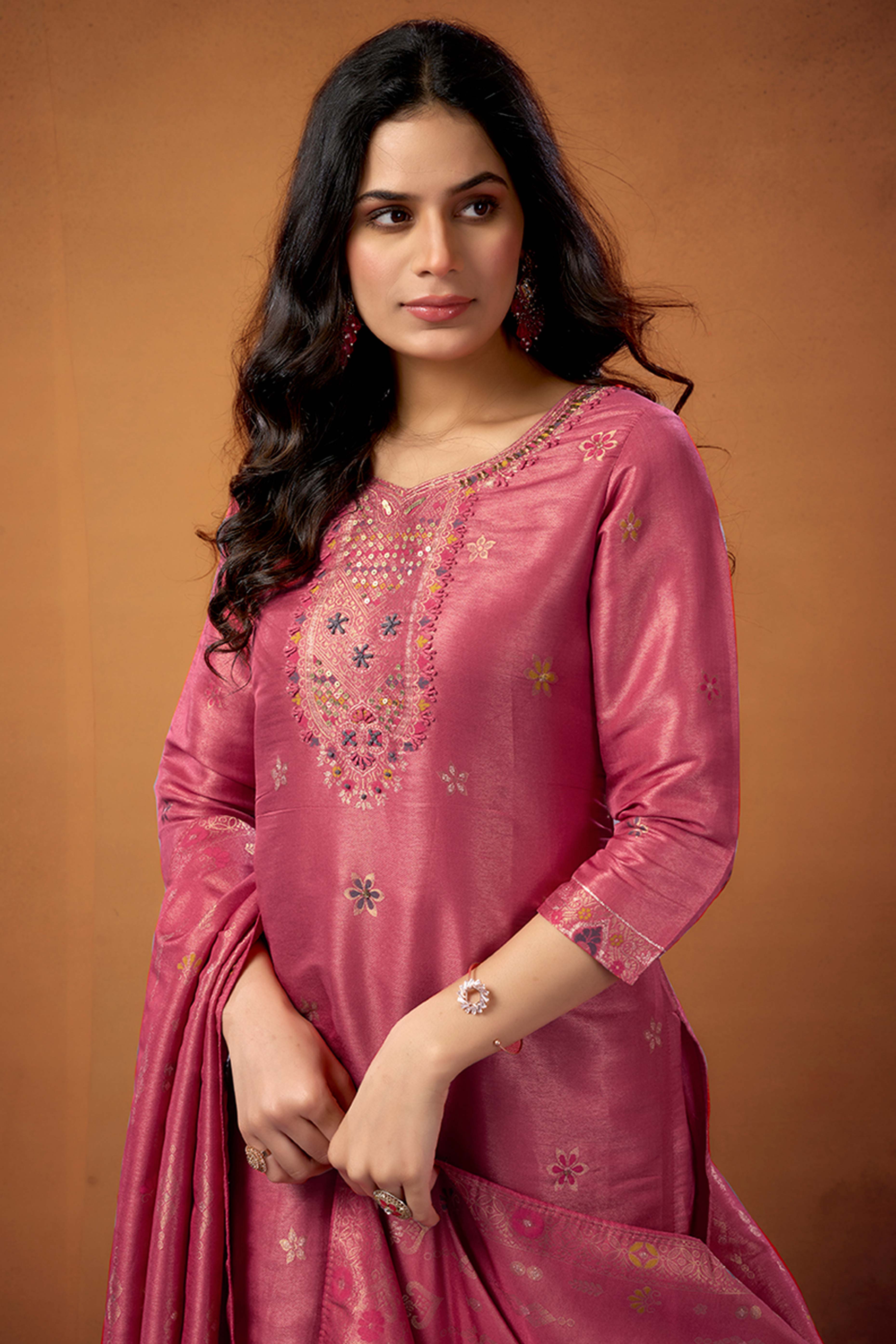 Peach Floral Embroidered Shimmer Jacquard Straight Salwar Suit