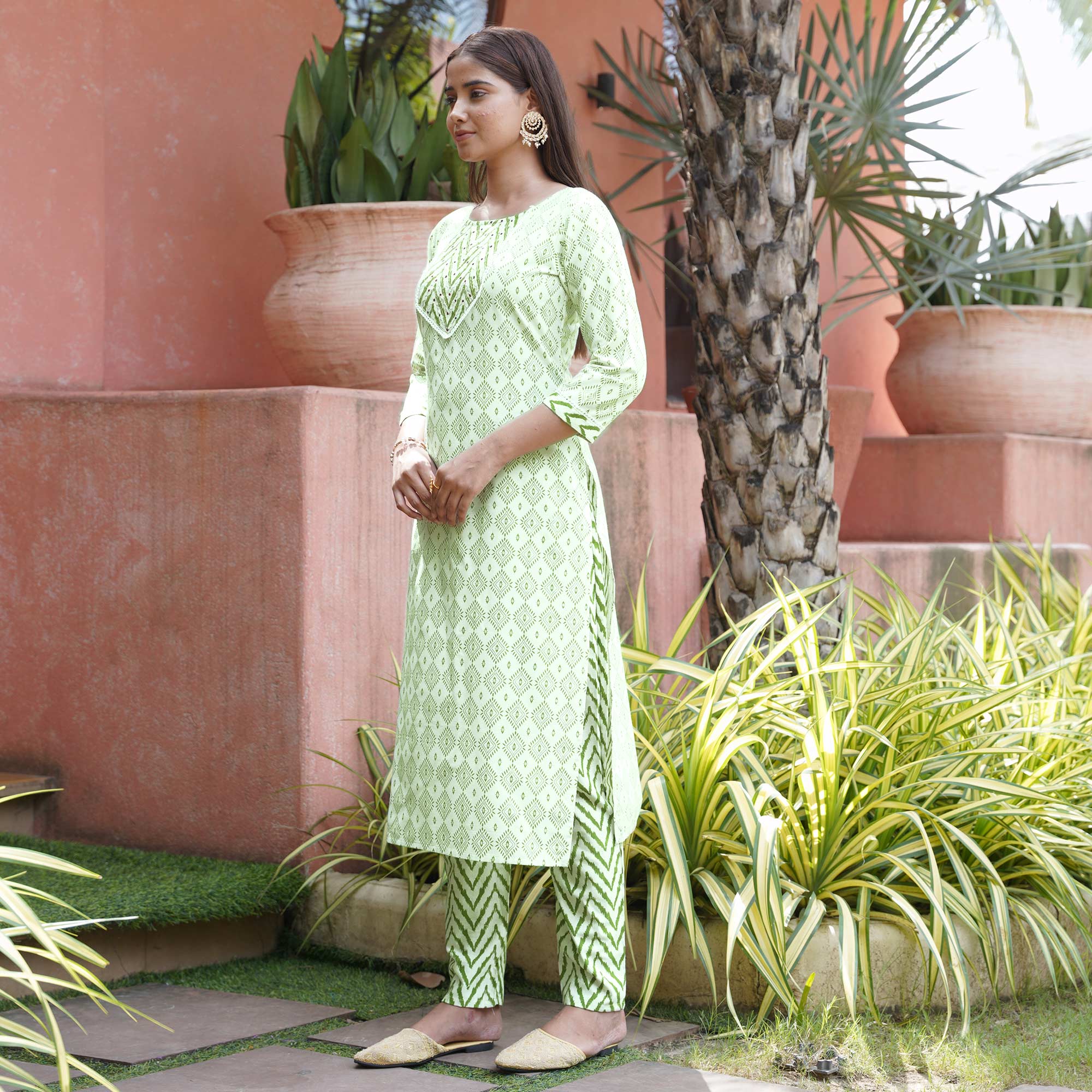 Off White & Green Printed Pure Cotton Salwar Suit