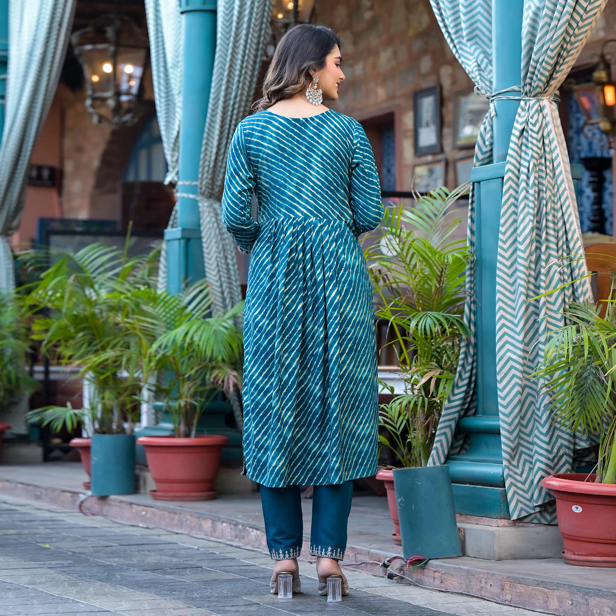 Blue Leheriya Printed Naira Cut Rayon Salwar Suit