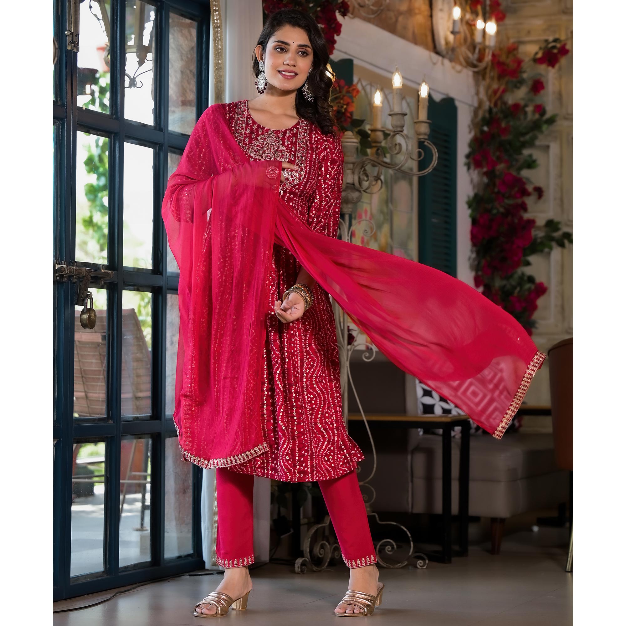 Pink Bandhani Printed Naira Cut Rayon Salwar Suit