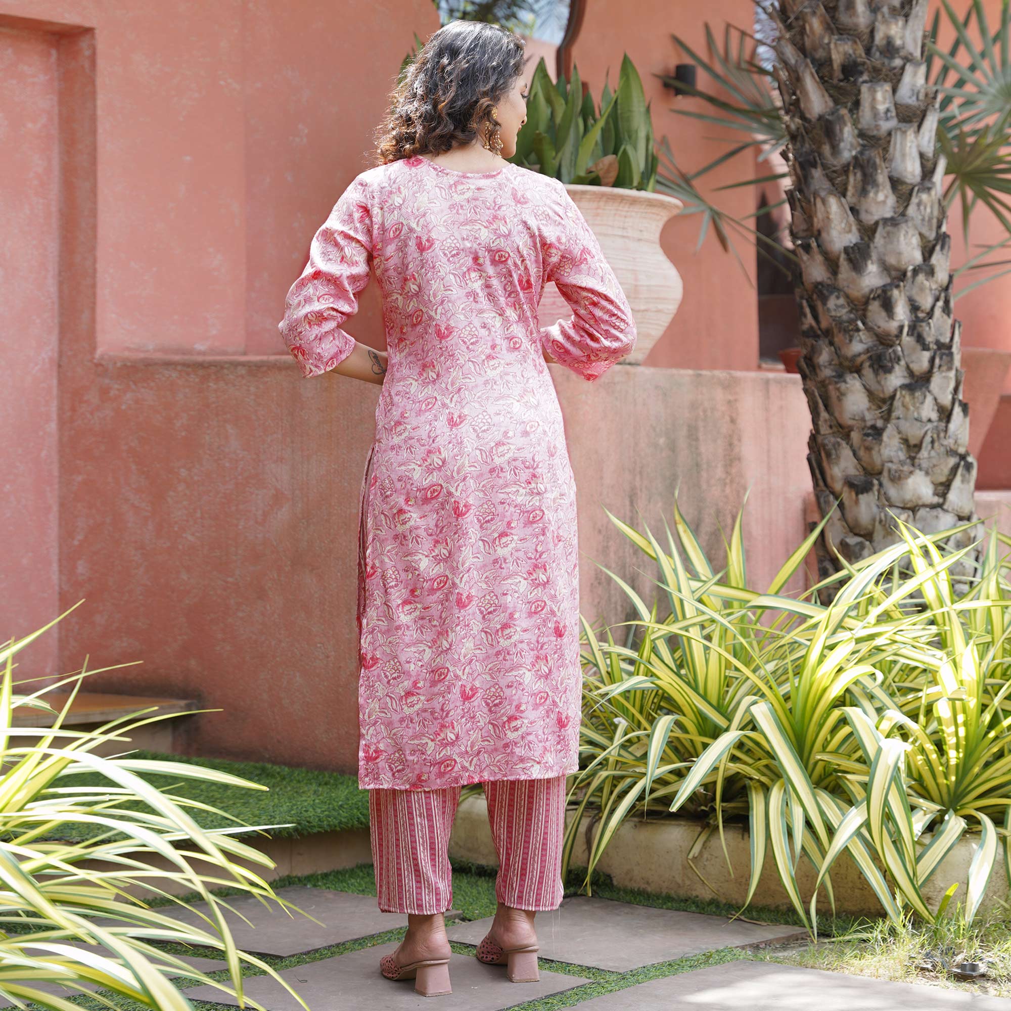 Pink Floral Foil Printed Rayon Suit