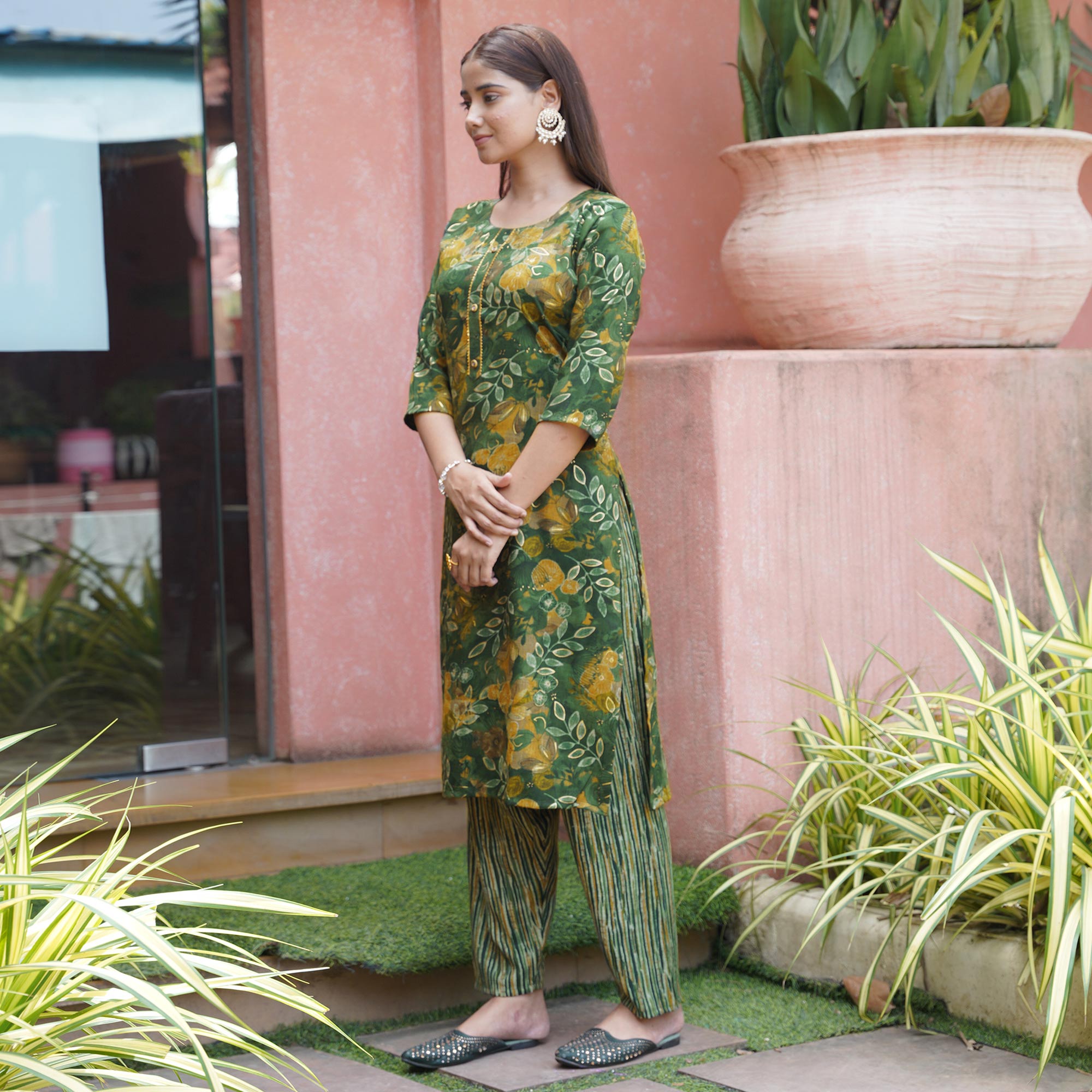 Green Floral Foil Printed Rayon Suit