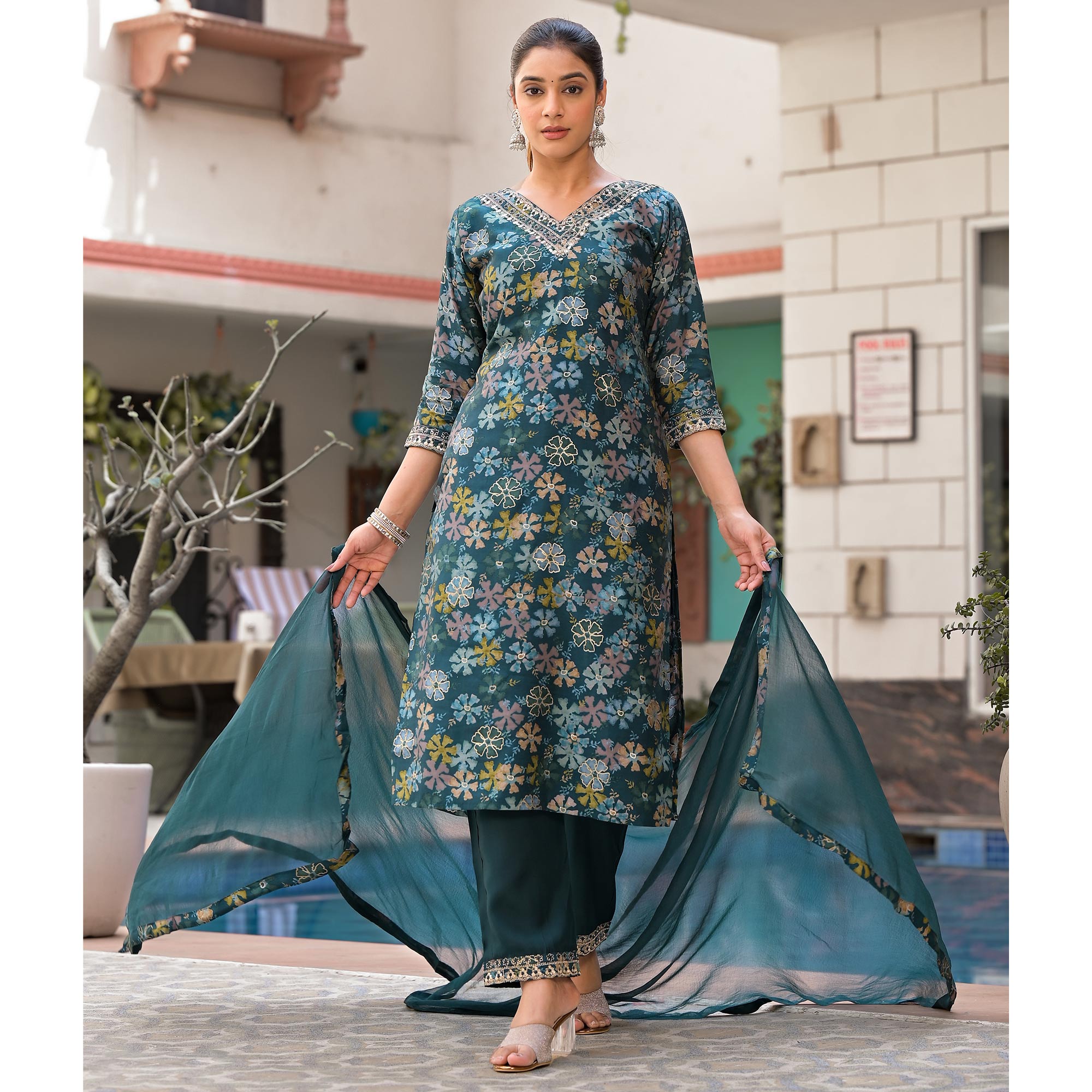 Teal Floral Foil Printed Chanderi Silk Salwar Suit