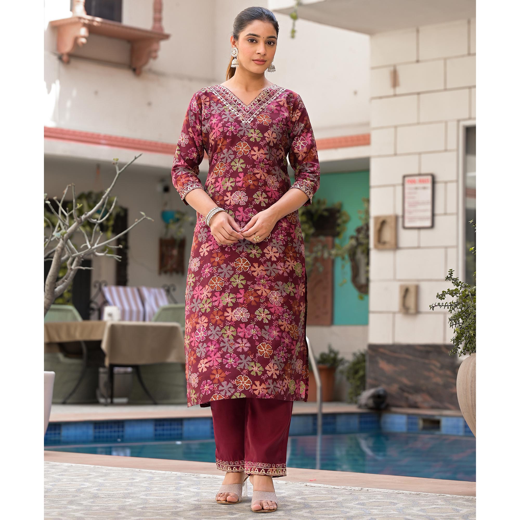 Wine Floral Foil Printed Chanderi Silk Salwar Suit