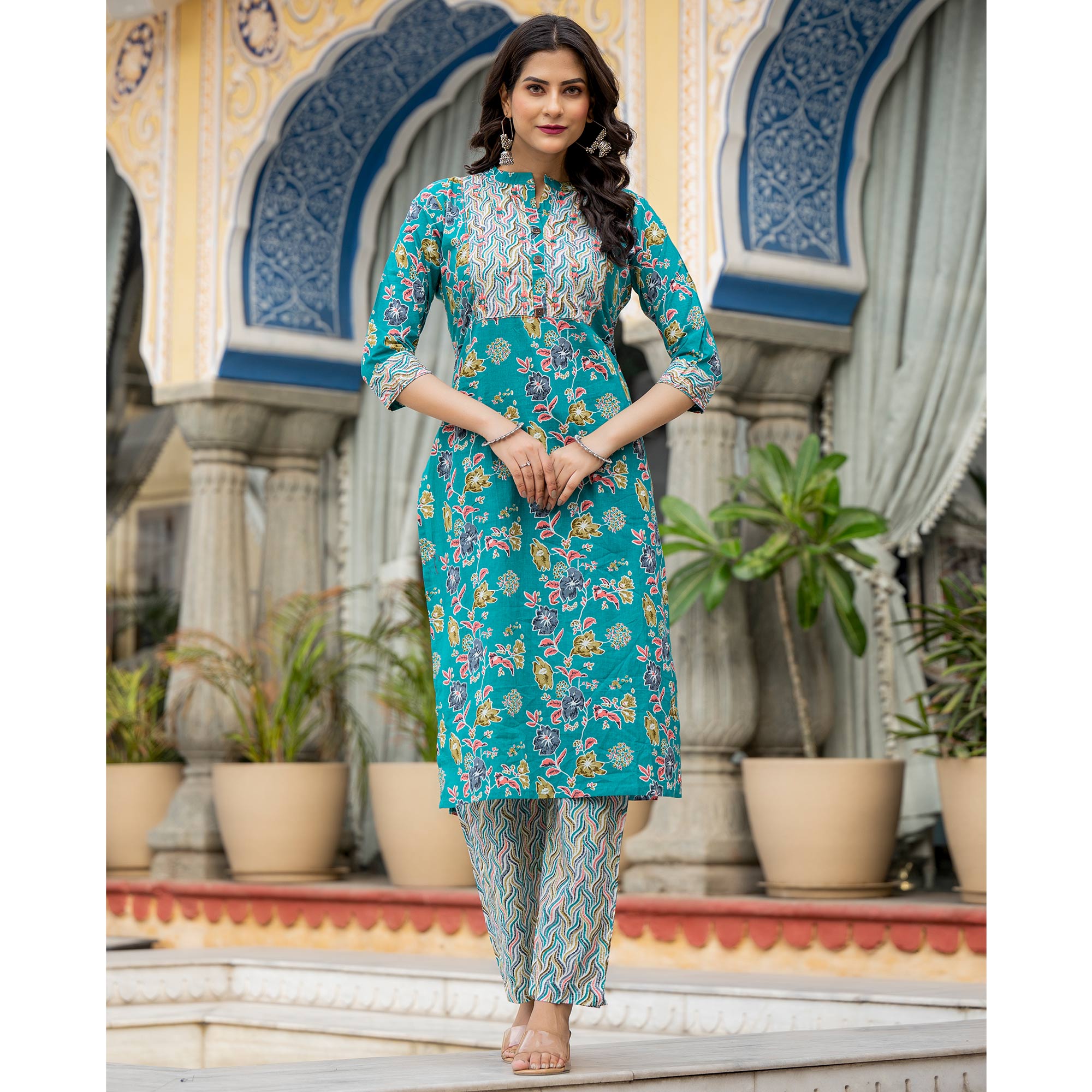 Turquoise Floral Printed Pure Cotton Straight Salwar Suit