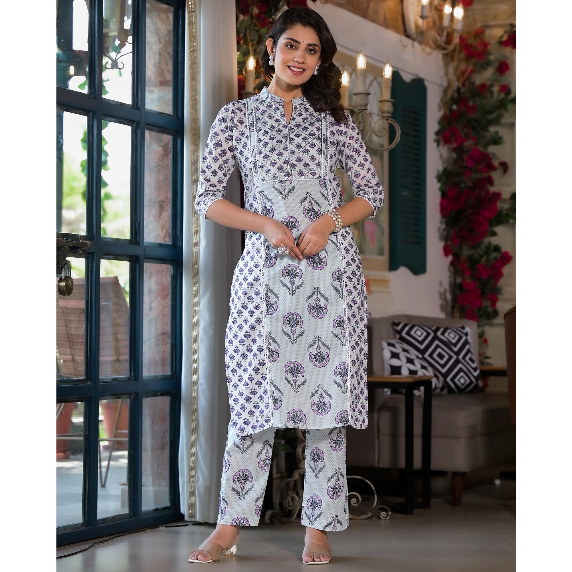 White & Purple Floral Printed Pure Cotton Salwar Suit