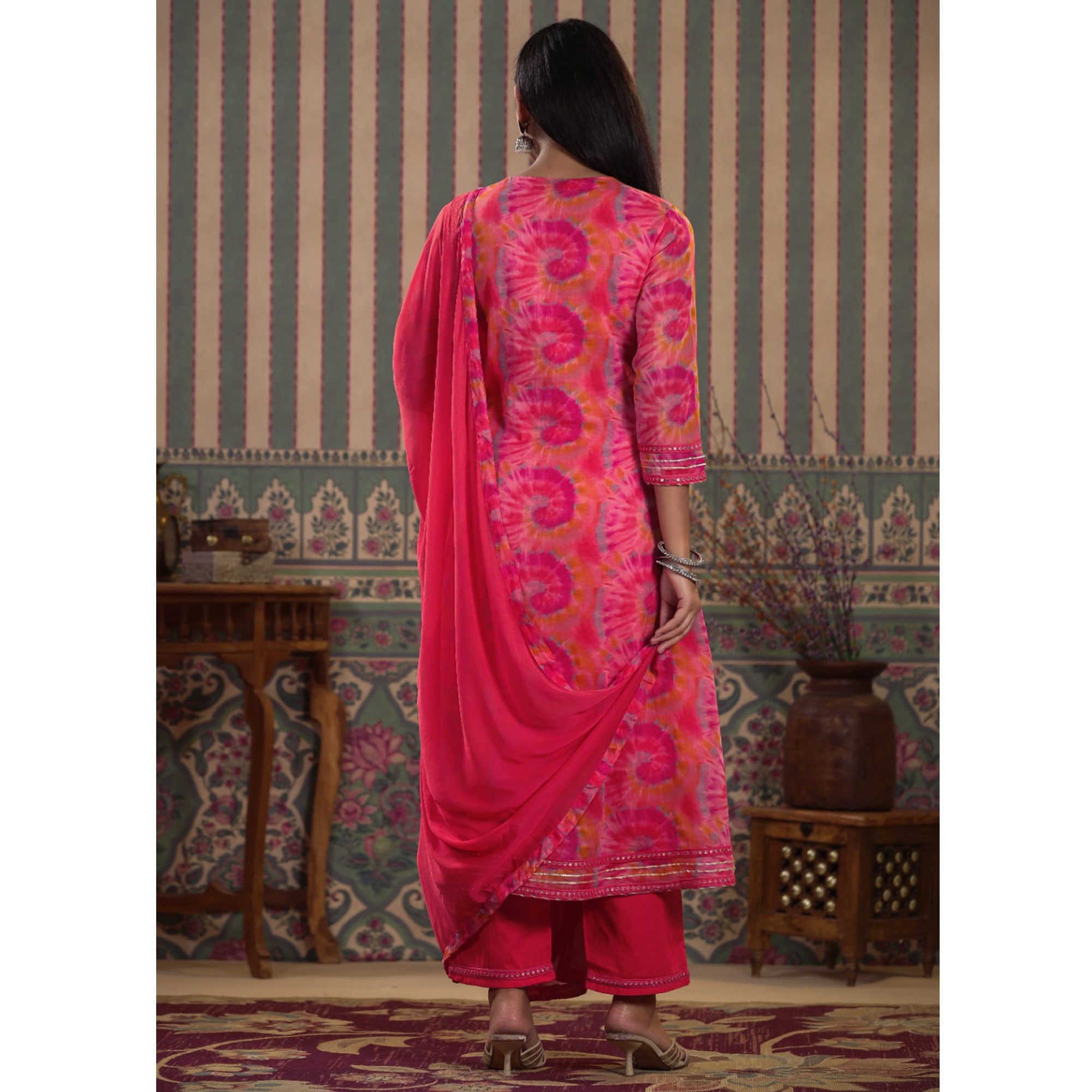 Peach & Pink Printed With Embroidered Chiffon Anarkali Suit