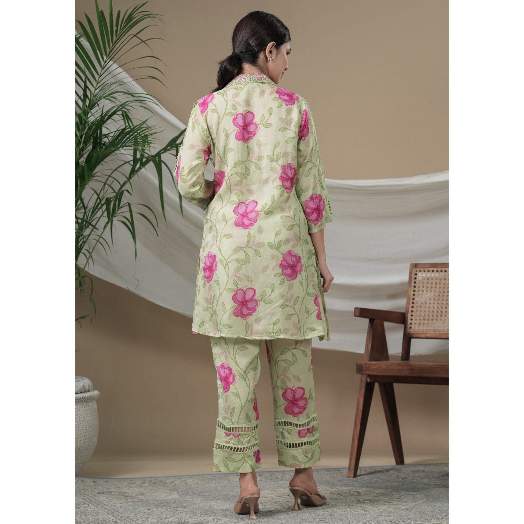 Green Floral Printed Muslin Co Ord Set