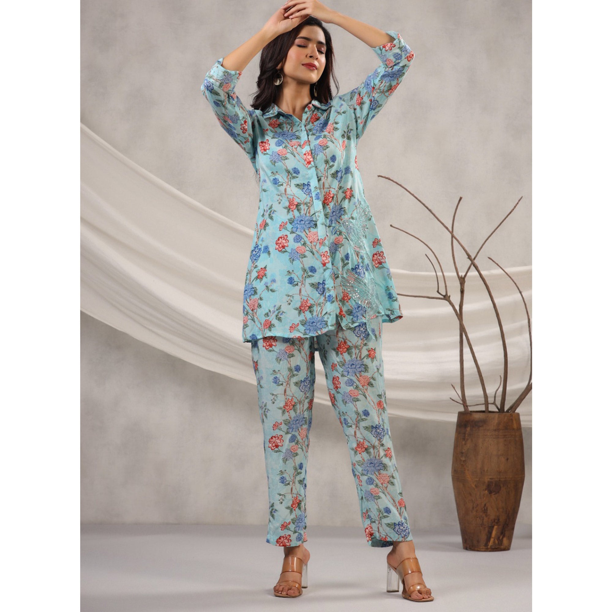 Blue Floral Printed Muslin Co Ord Set