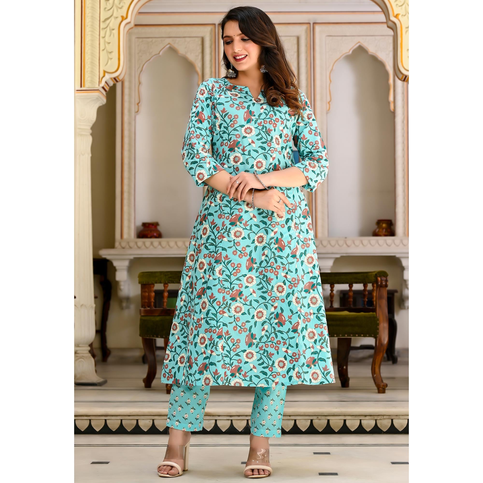 Aqua Blue Floral Printed Pure Cotton A Line Suit