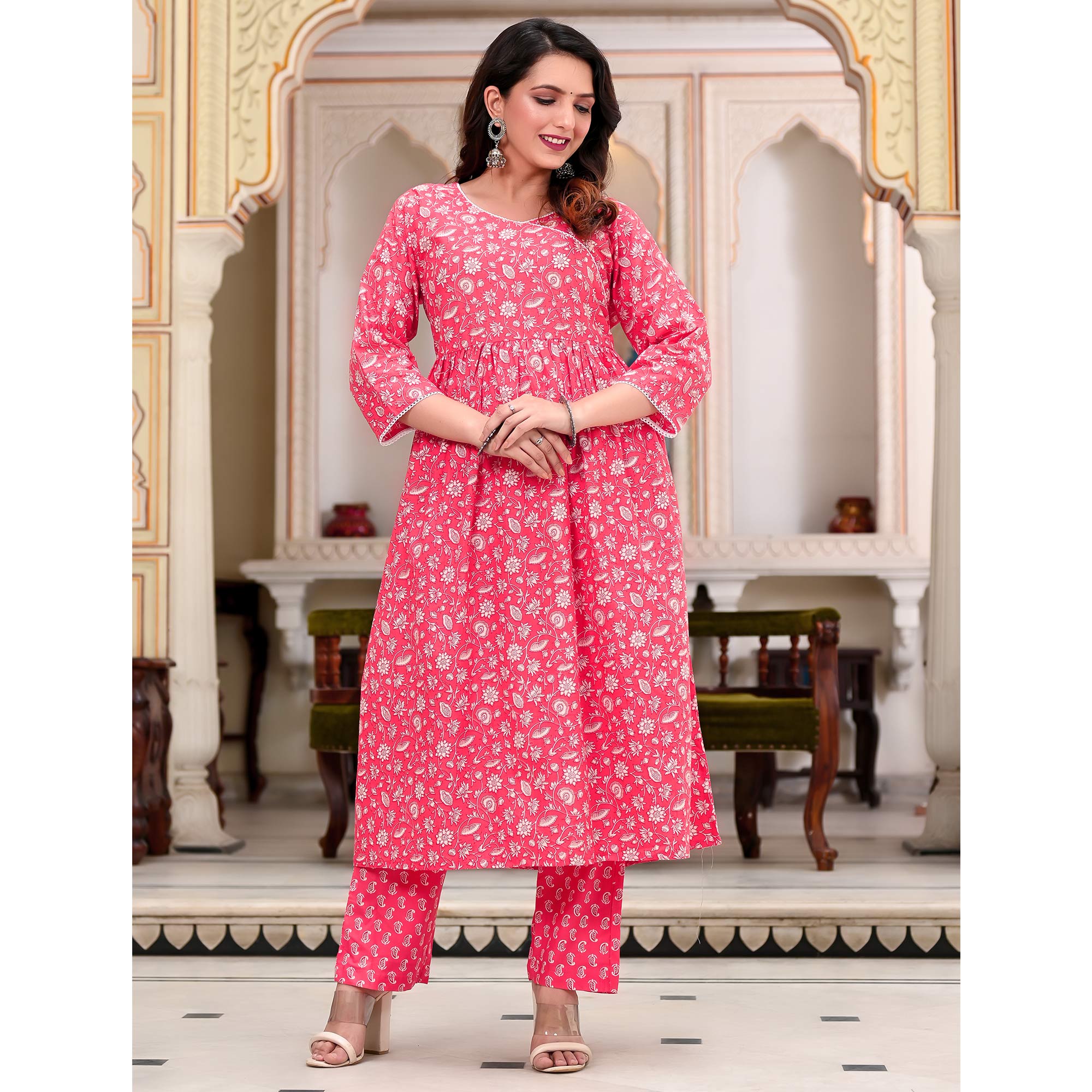 Pink Floral Printed Pure Cotton Anarkali Suit