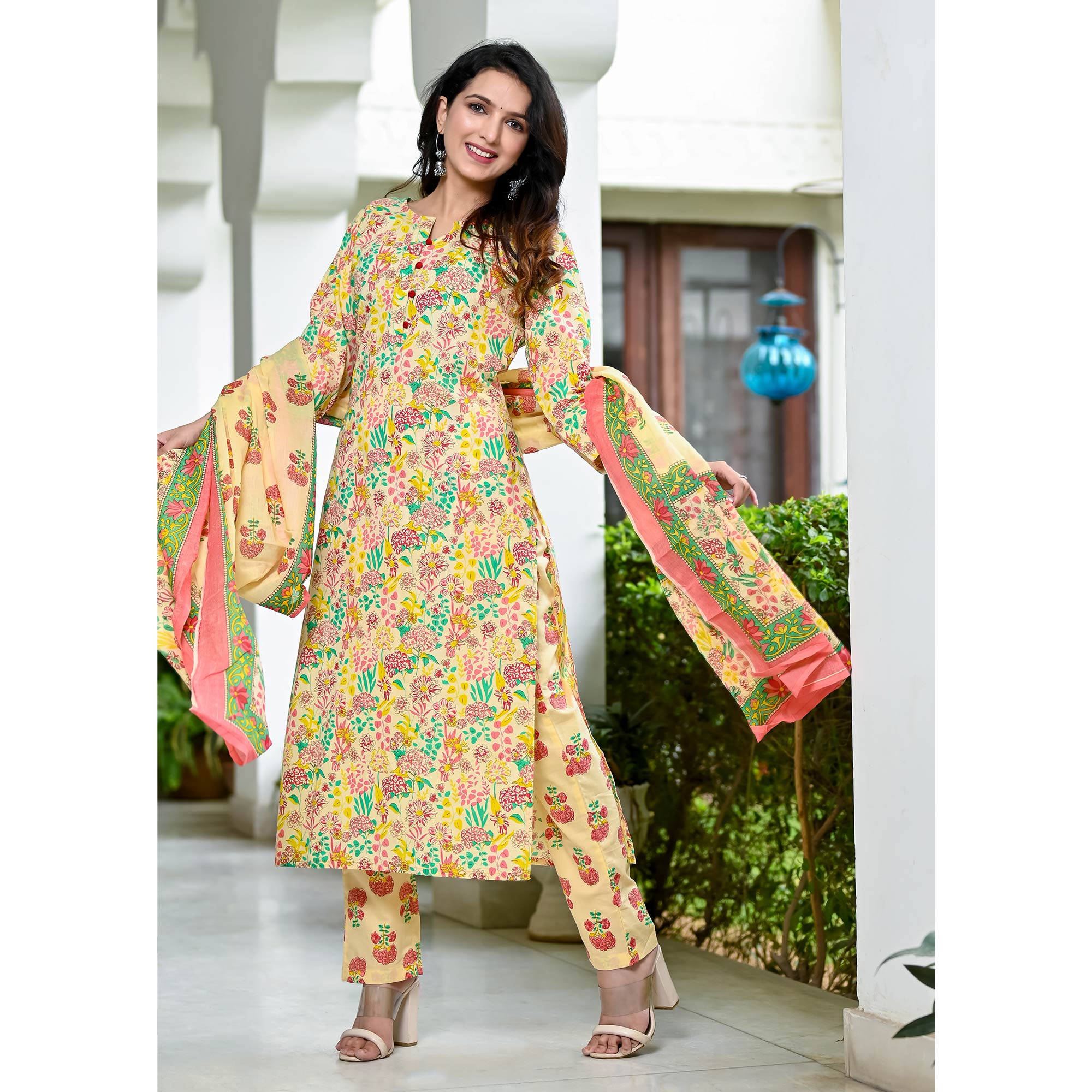 Cream Floral Printed Pure Cotton Salwar Suit