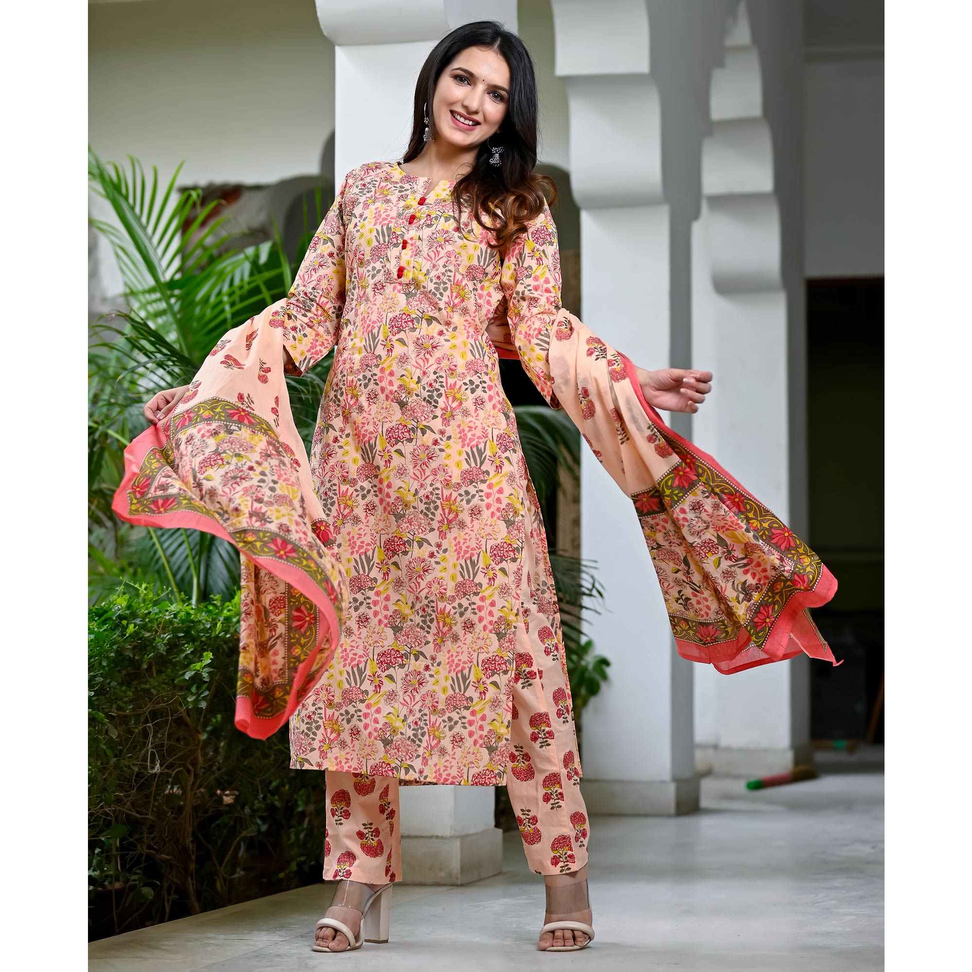 Peach Floral Printed Pure Cotton Salwar Suit