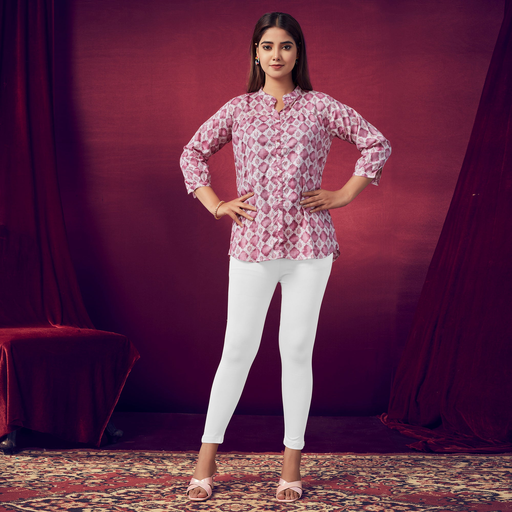 White & Pink Printed Chanderi Silk Top