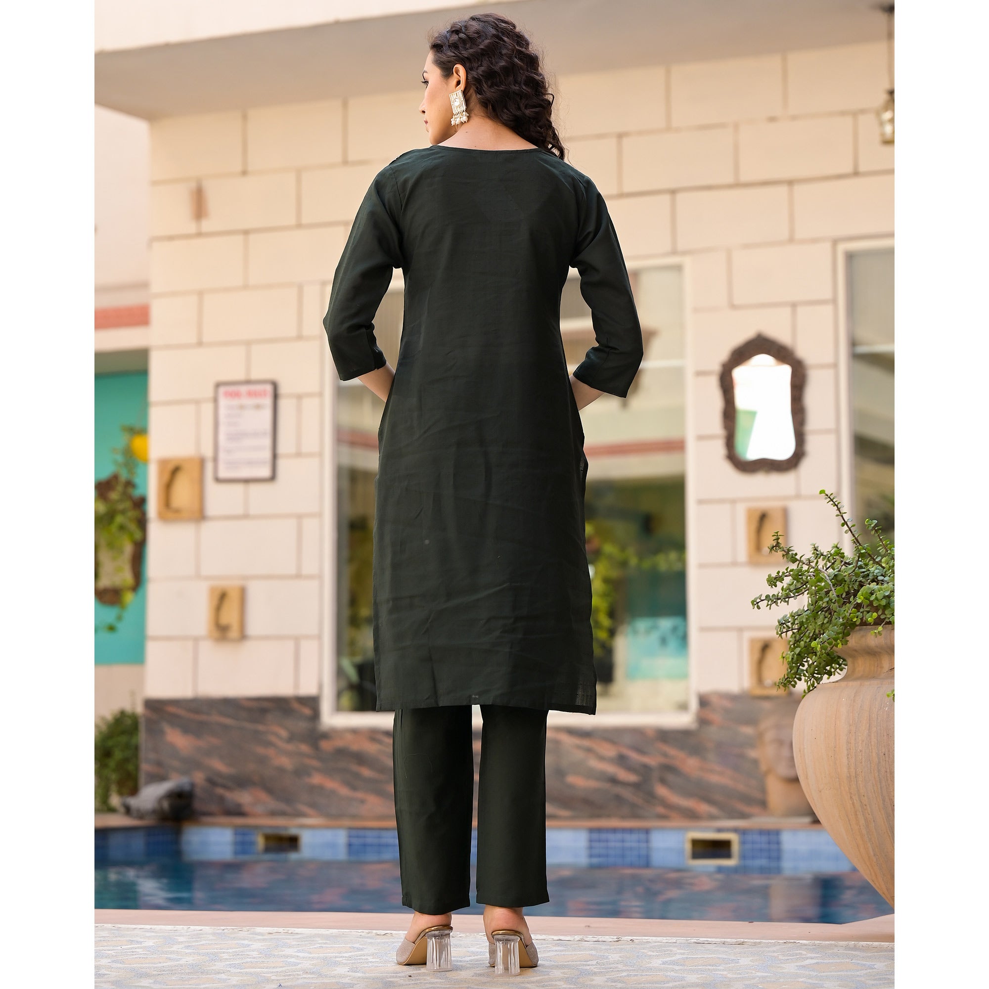 Olive Green Embroidered Viscose Straight Kurti Sets