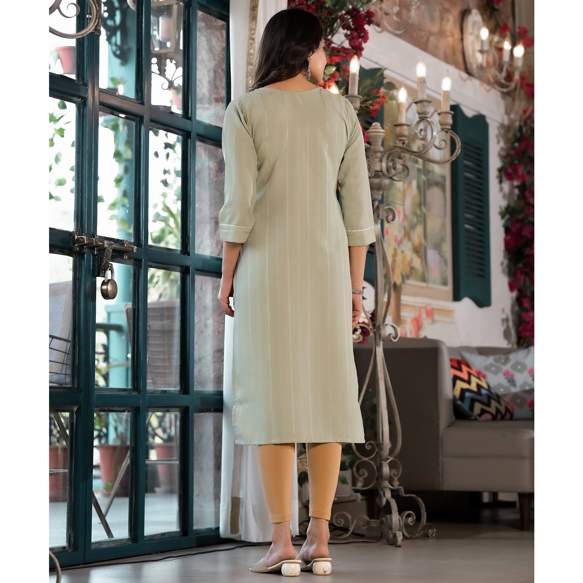 Sea Green Striped Embroidered Rayon Straight Kurti