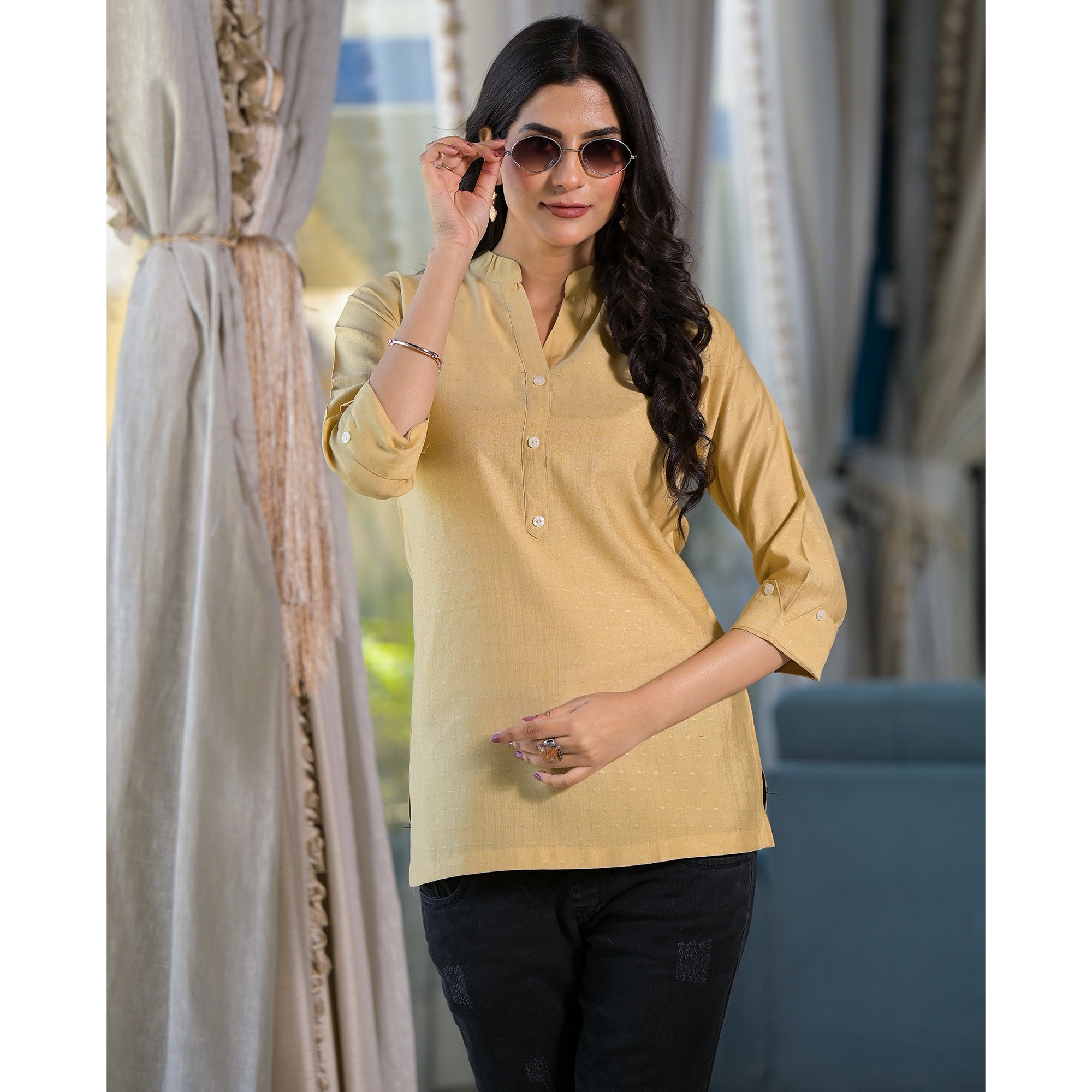 Beige Solid Cotton Silk Straight Top