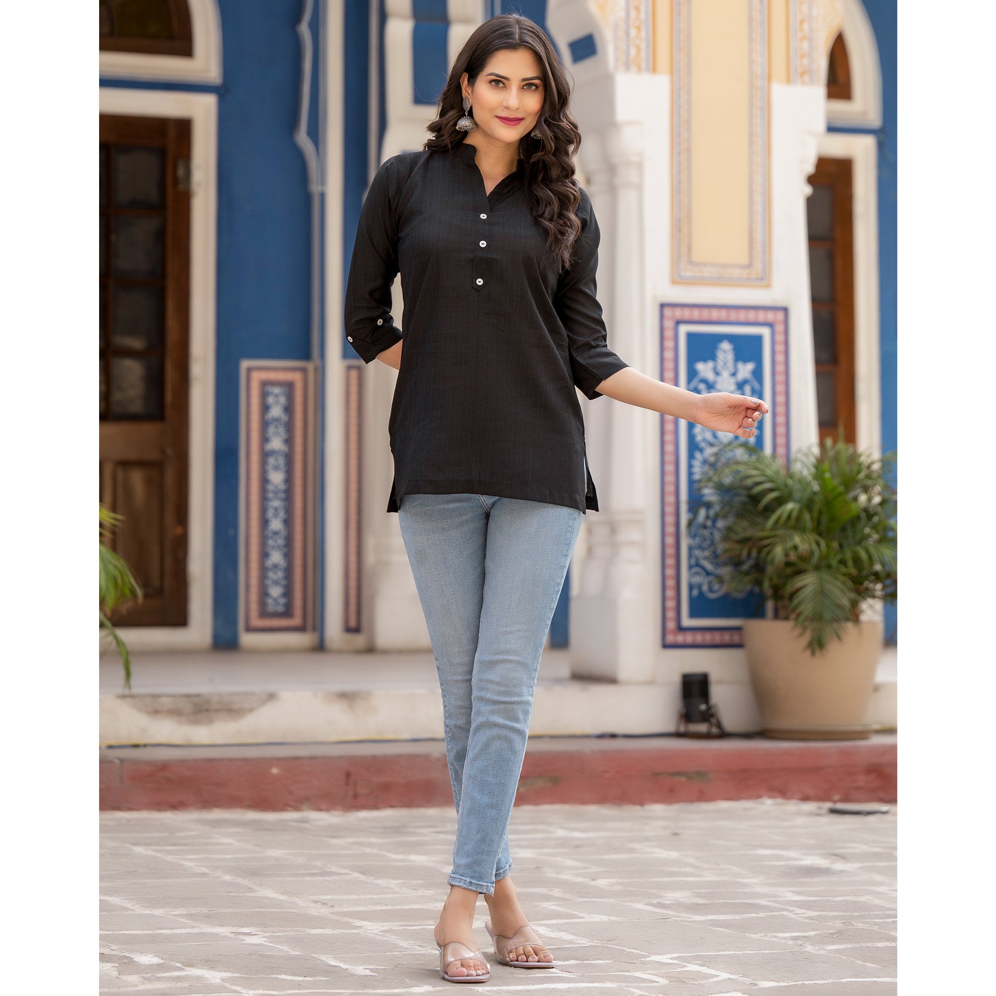 Black Solid Cotton Silk Straight Top