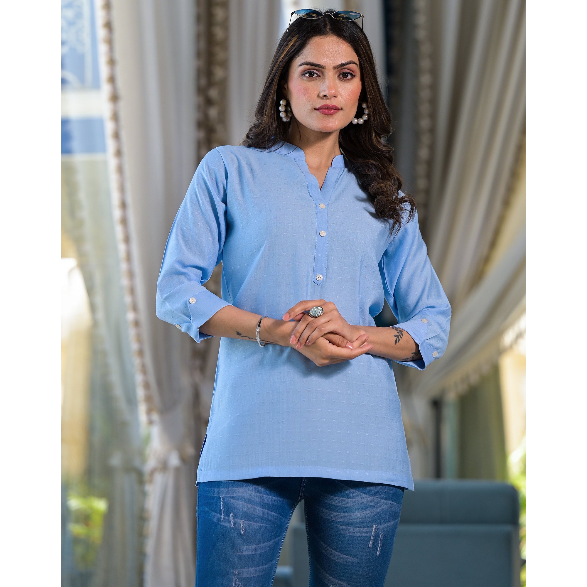 Sky Blue Solid Cotton Silk Straight Top