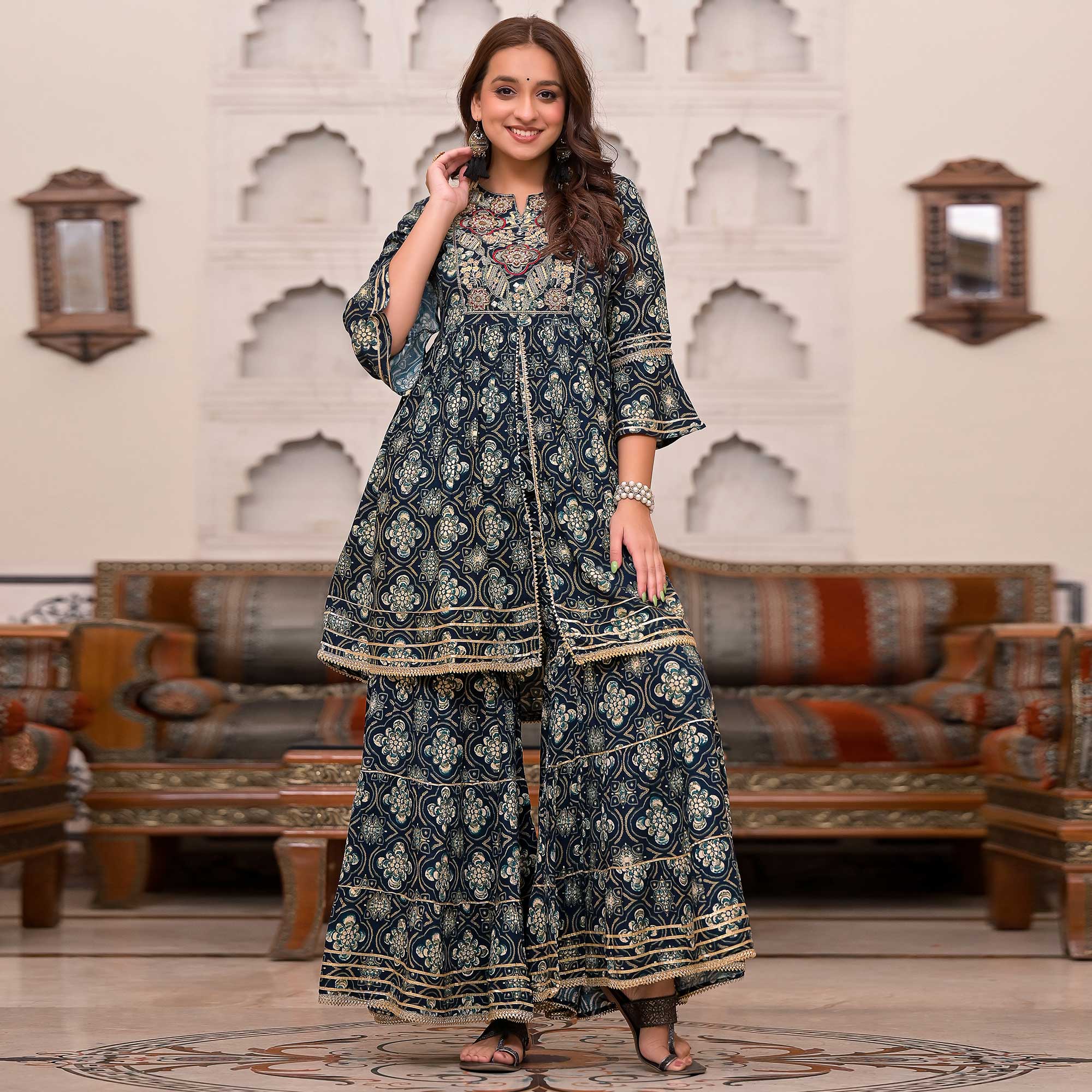 Blue Foil Printed With Embroidered Muslin Sharara Suit