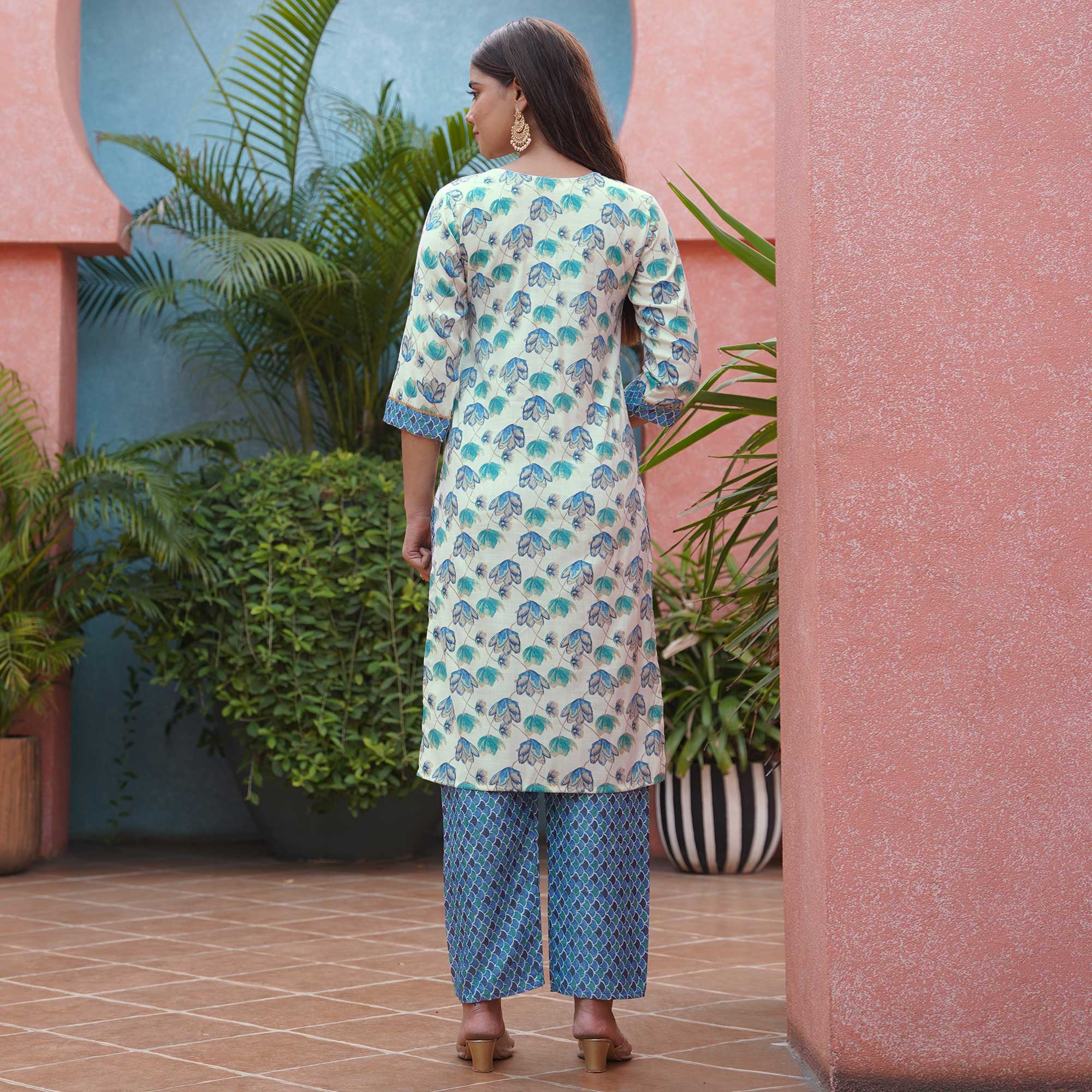 White & Blue Floral Foil Printed Pure Cotton Suit