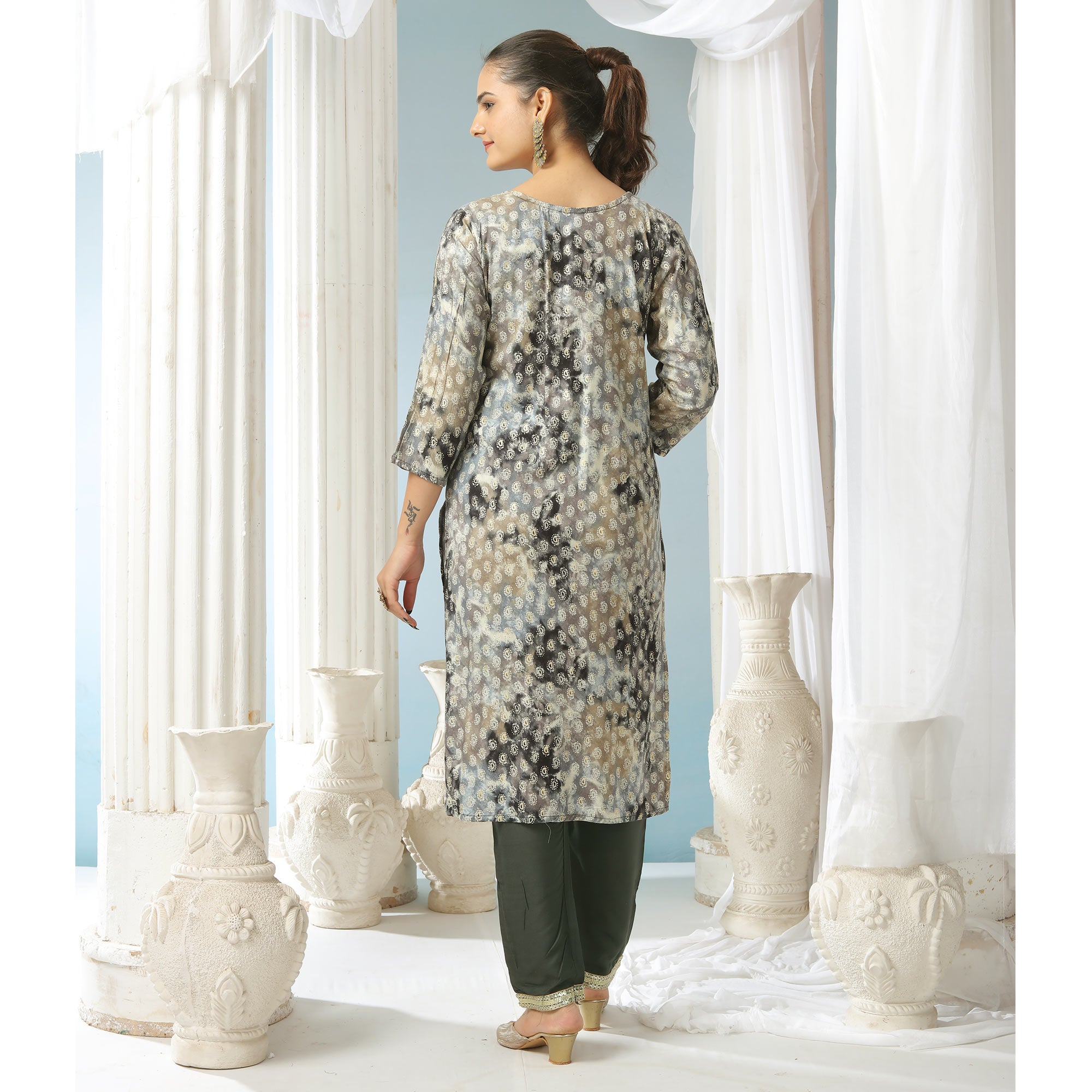 Grey Paisley Foil Printed Rayon Suit