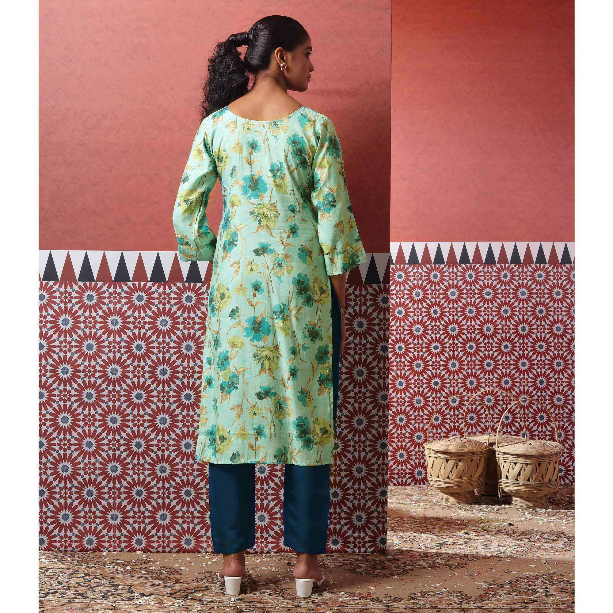 Turquoise Floral Foil Printed Modal Suit