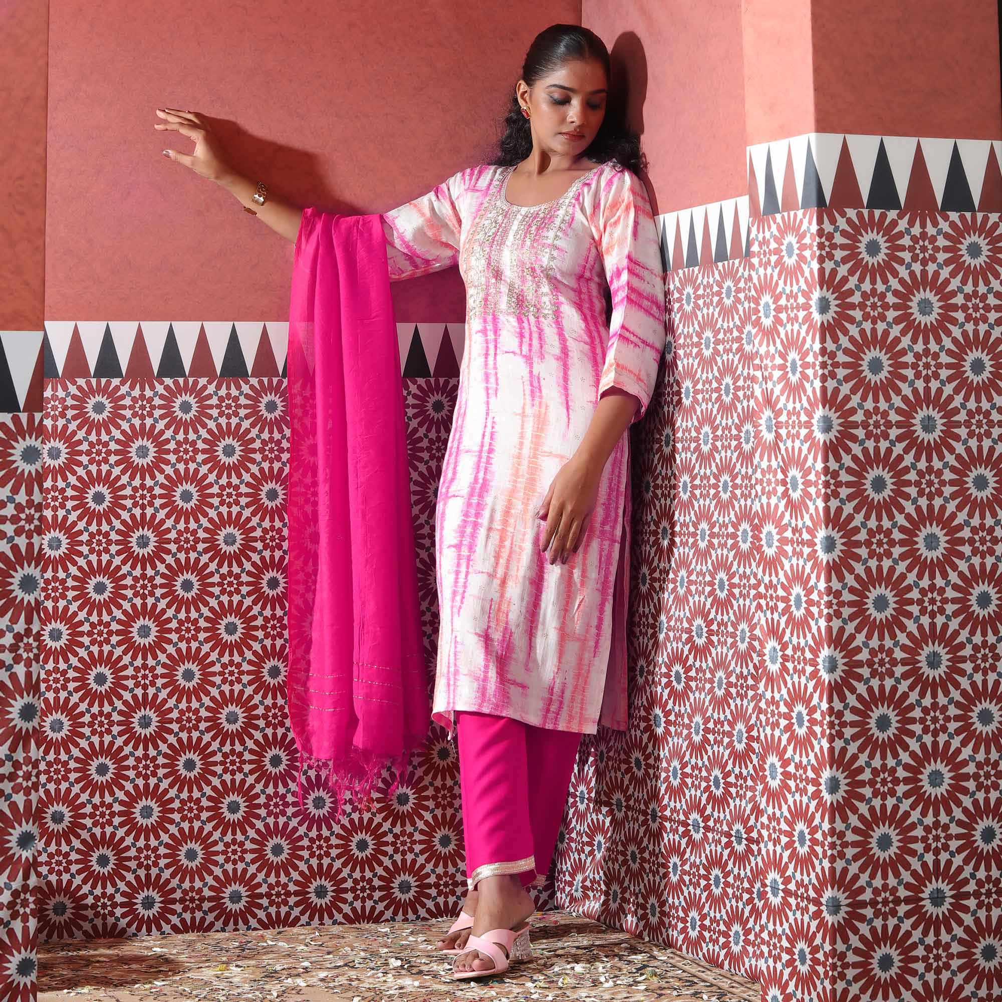 White & Pink Striped Printed Pure Cotton Suit