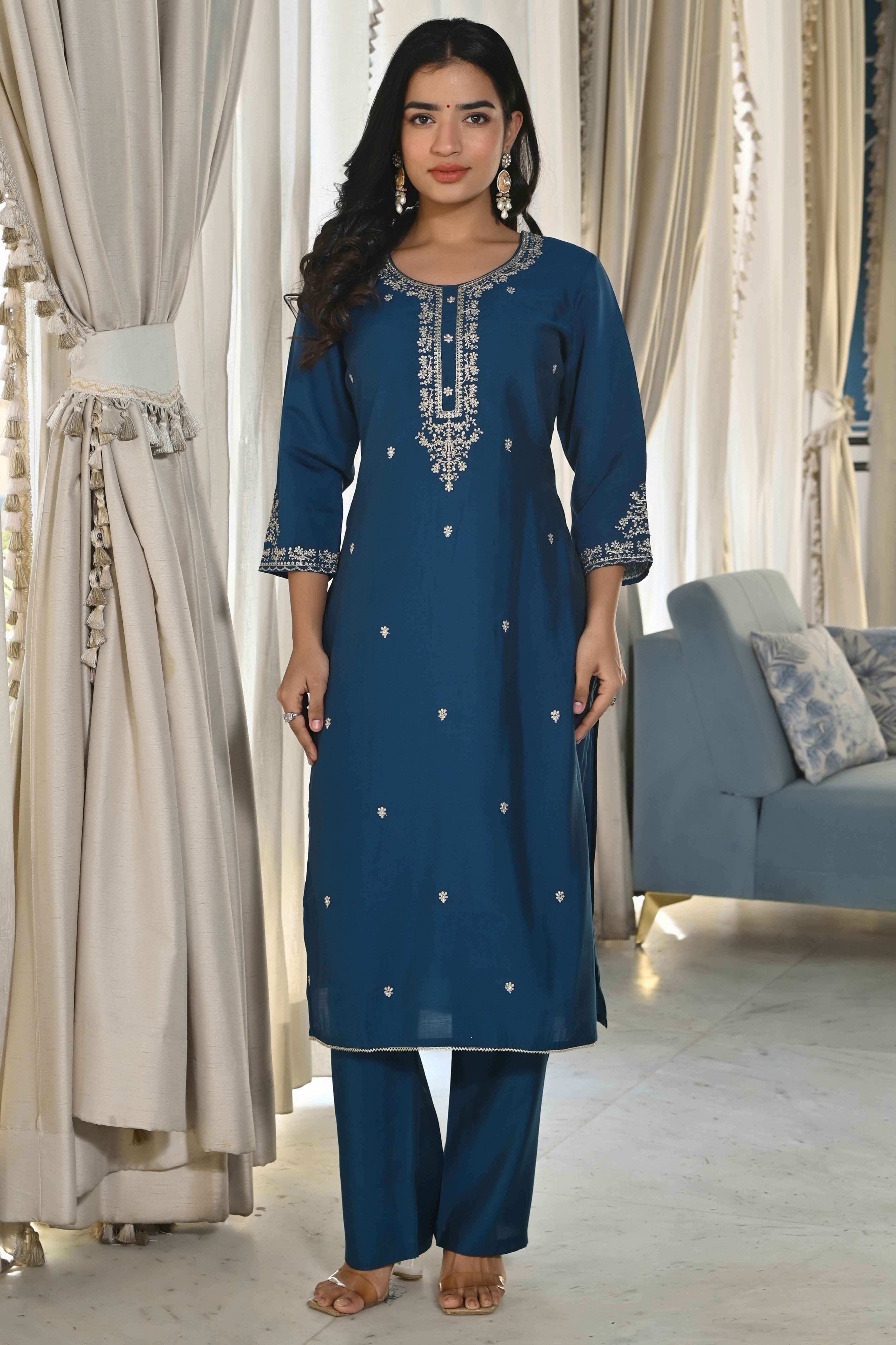 Blue Sequins Embroidered Chanderi Silk Salwar Suit