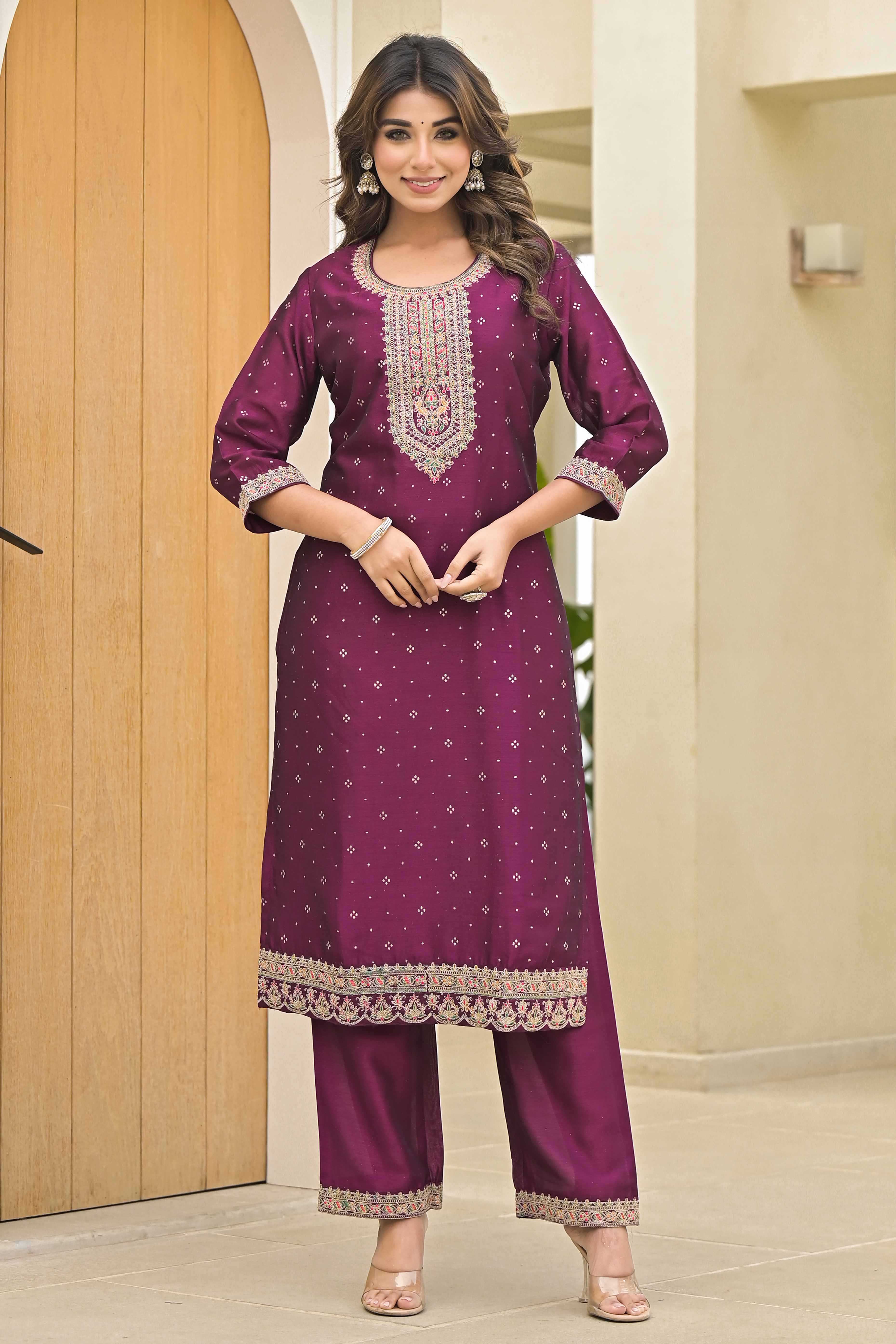 Dark Purple Golden Embroidered Vichitra Silk Salwar Suit