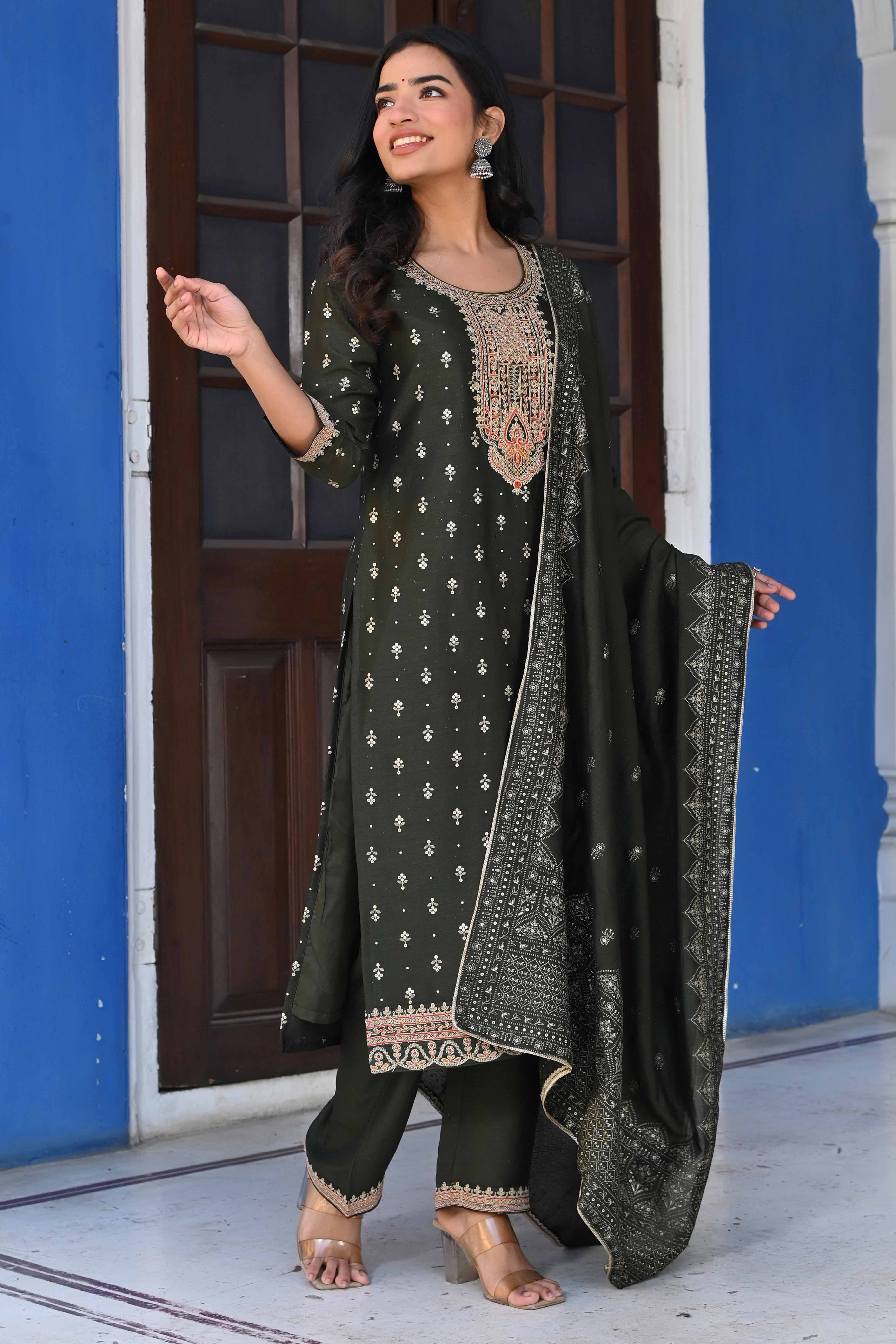 Olive Golden Embroidered Vichitra Silk Salwar Suit