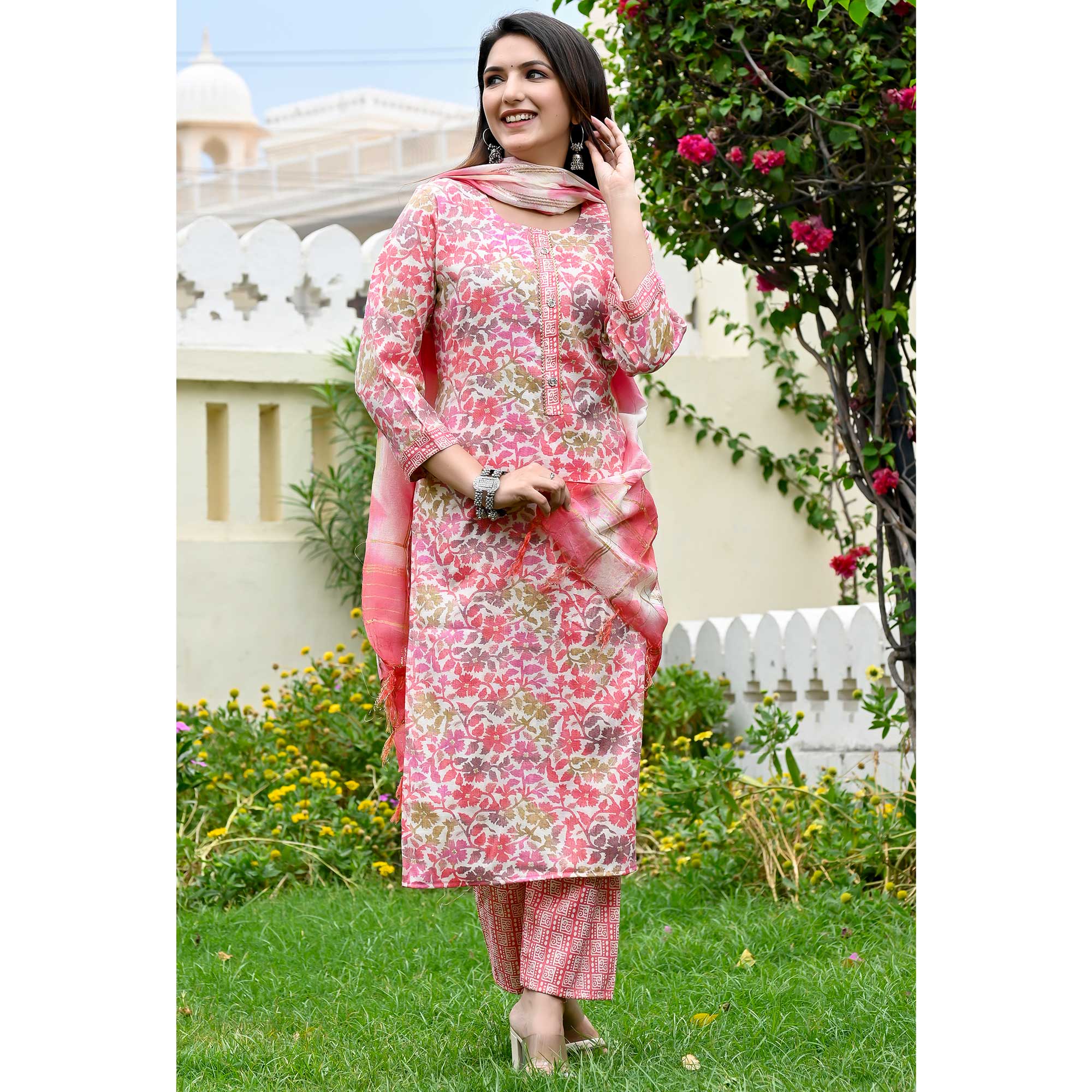 Pink Floral Printed Rayon Salwar Suit