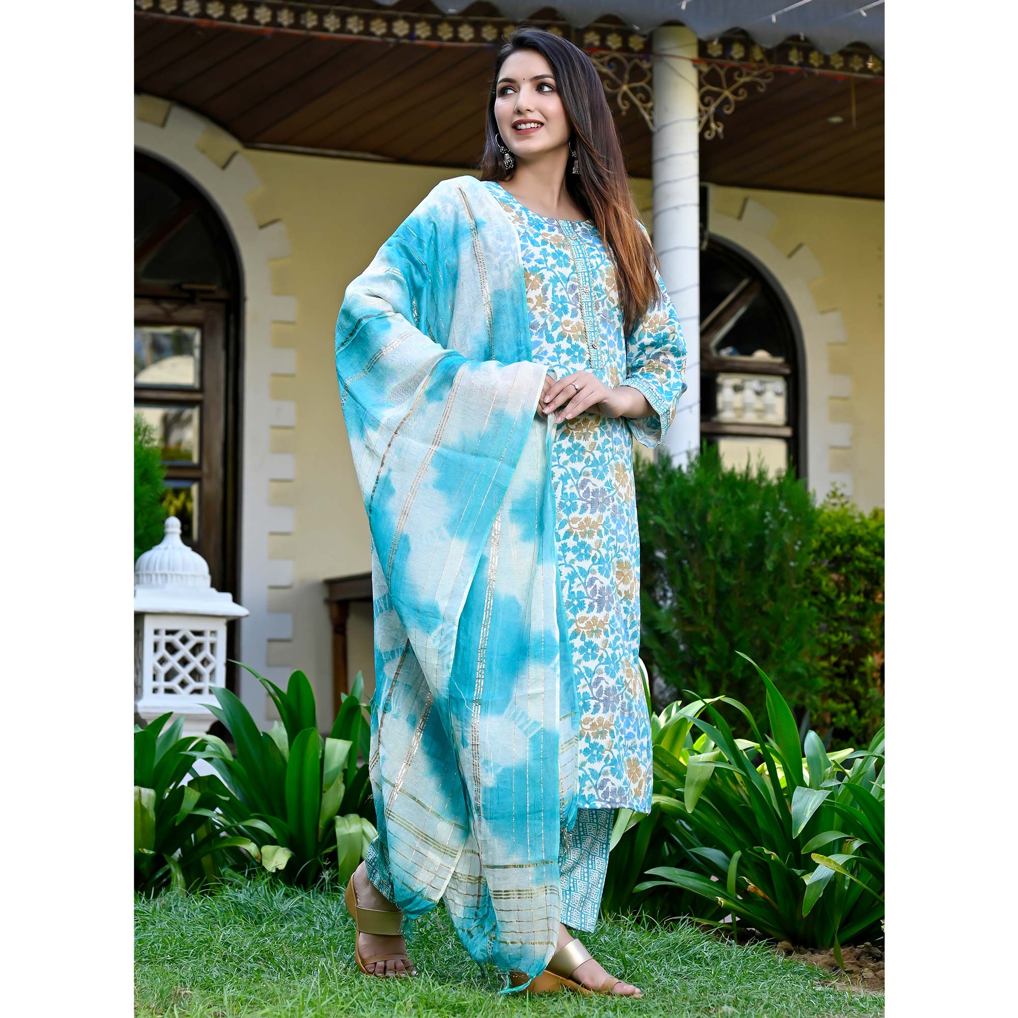 Blue Floral Printed Rayon Salwar Suit