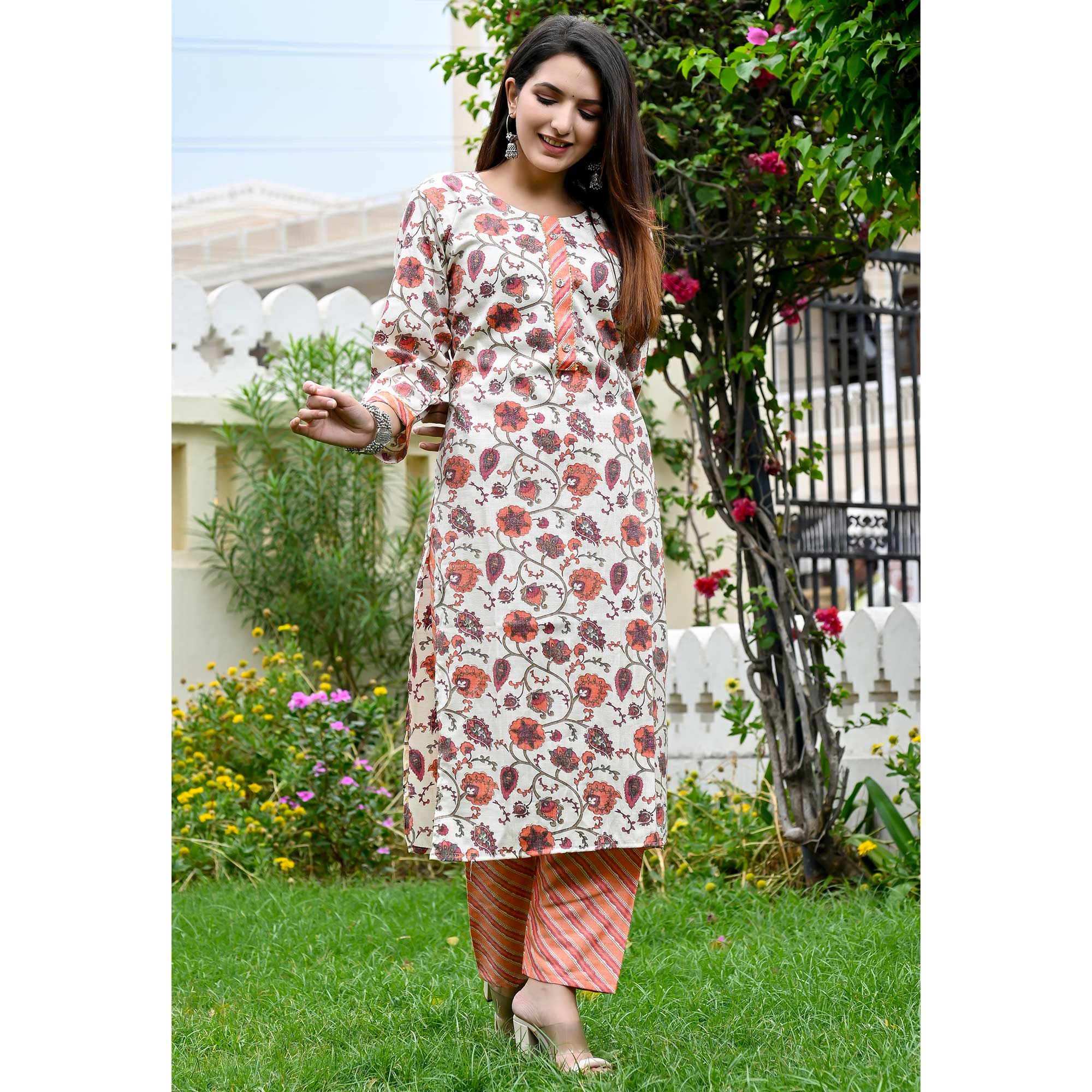 White Peach Floral Printed Rayon Salwar Suit