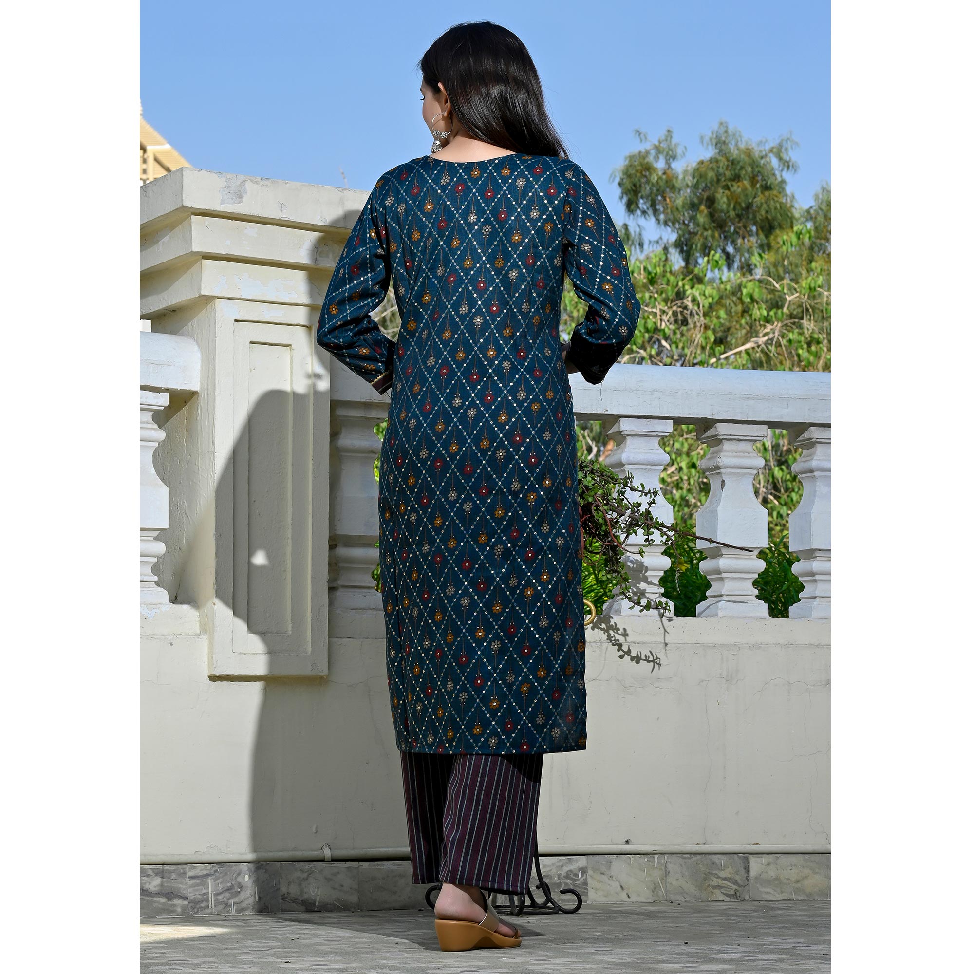 Blue Foil Printed Rayon Suit