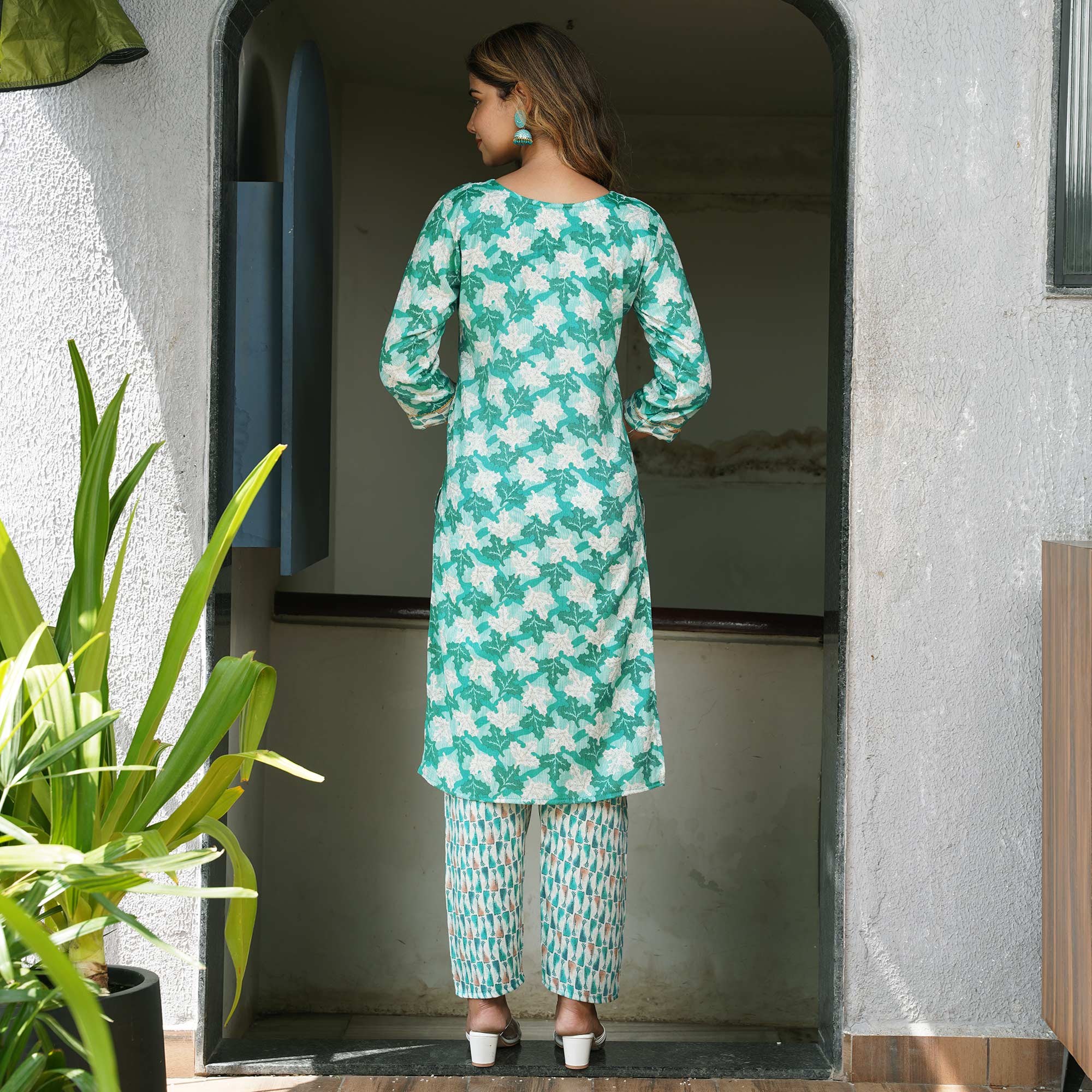 Turquoise Foil Printed Rayon Salwar Suit