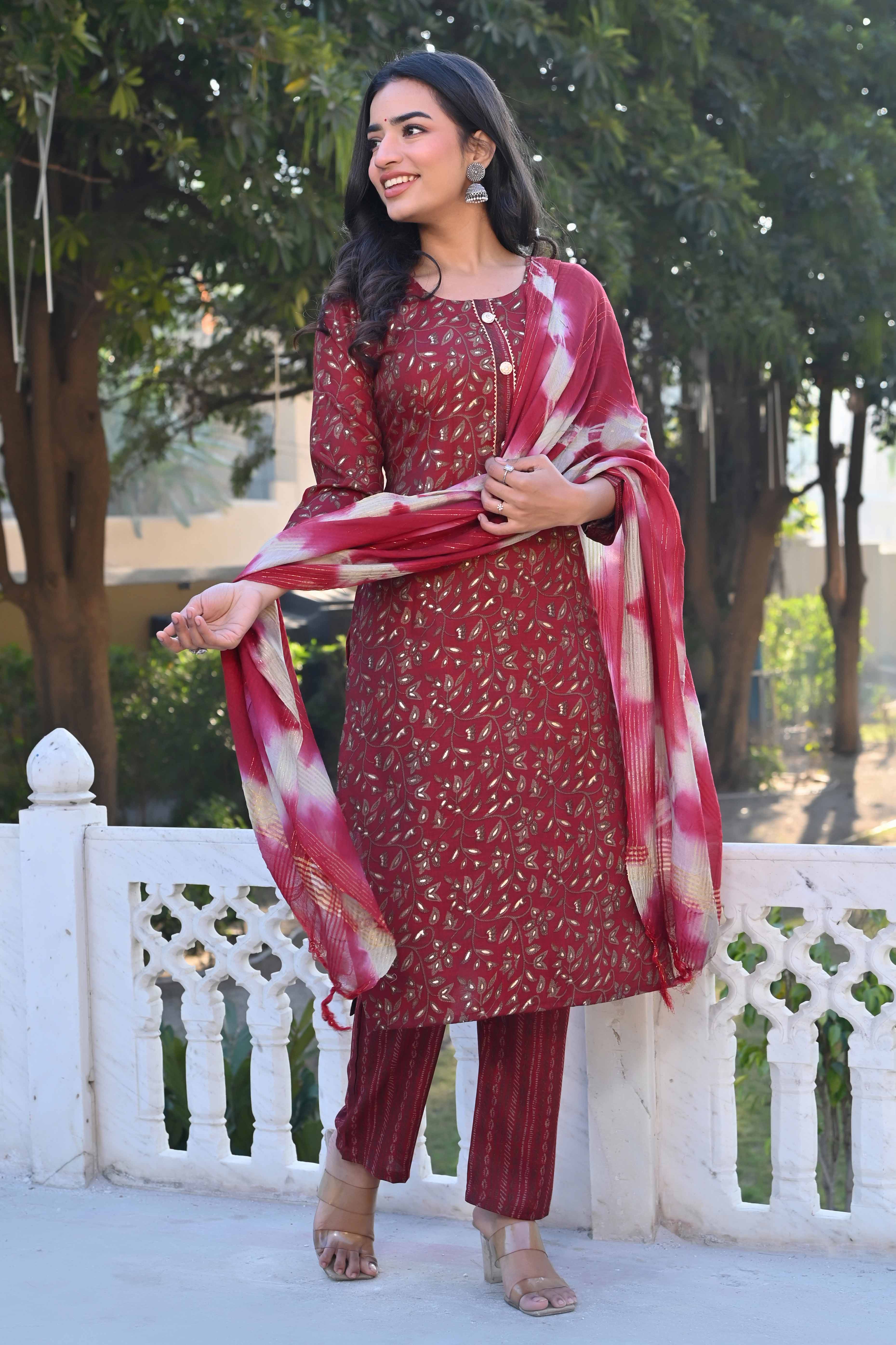 Red Floral Foil Printed Rayon Salwar Suit