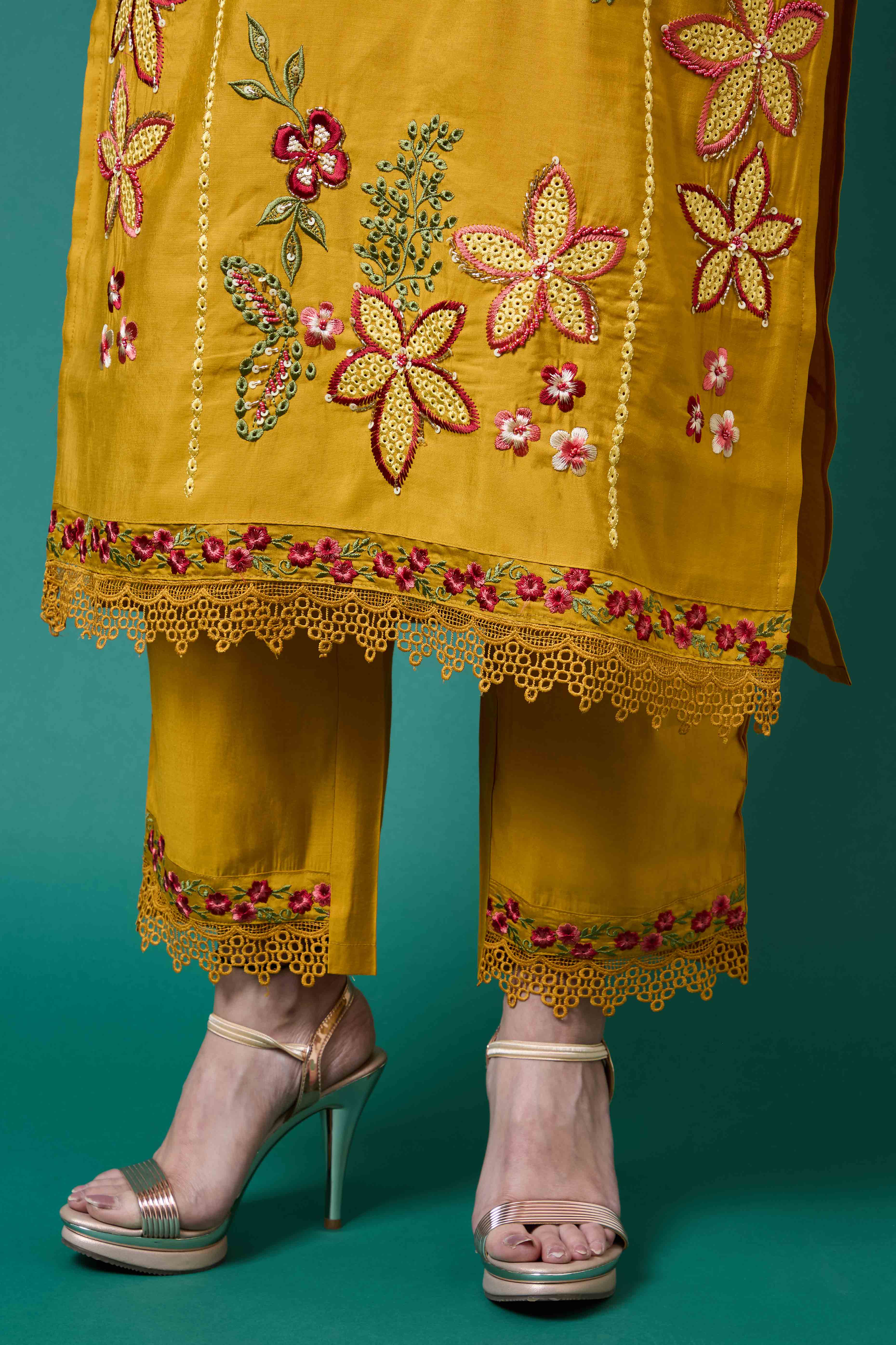 Mustard Floral Embroidered Chanderi Silk Salwar Suit