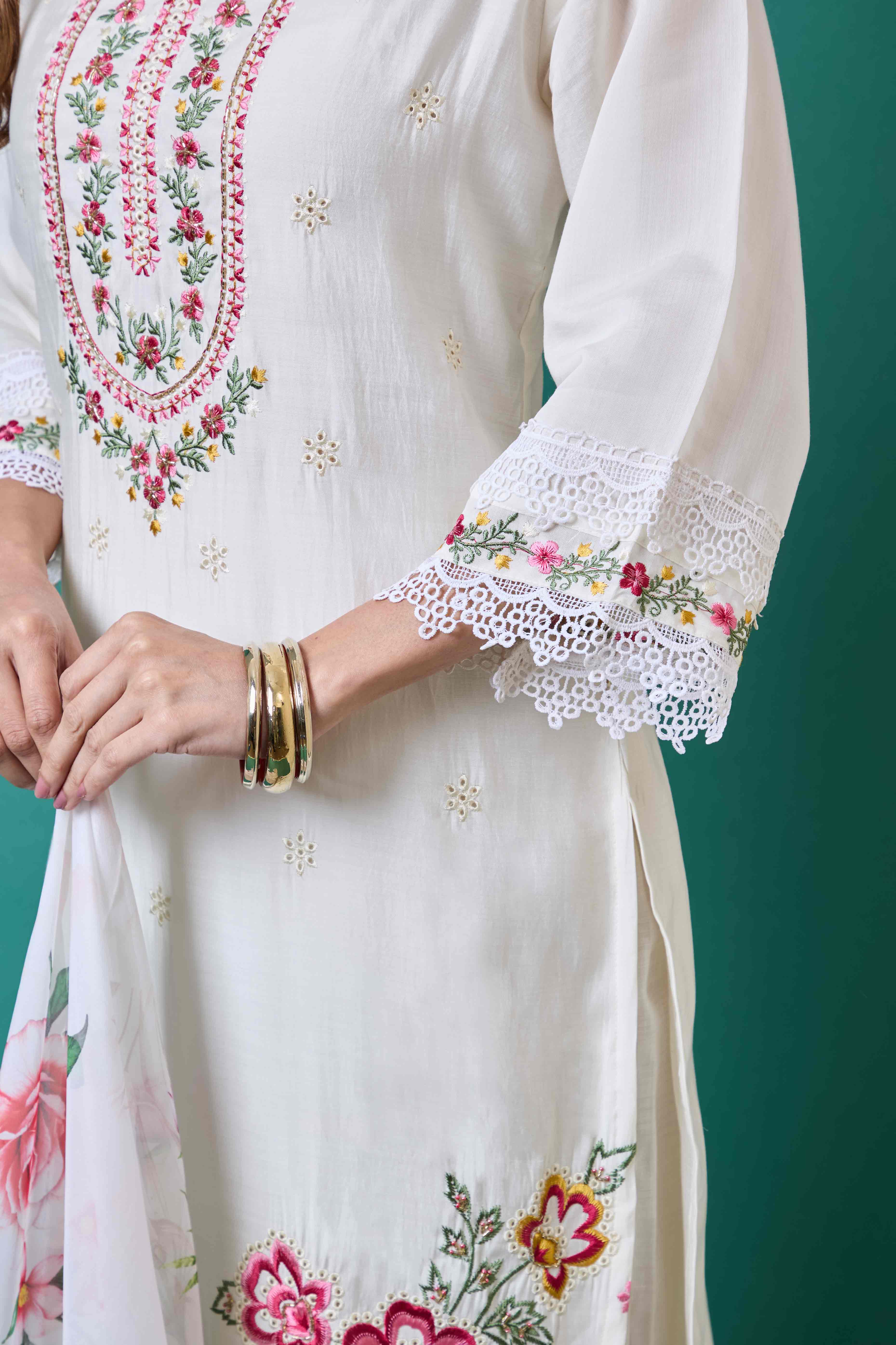 White Floral Embroidered Chanderi Silk Salwar Suit