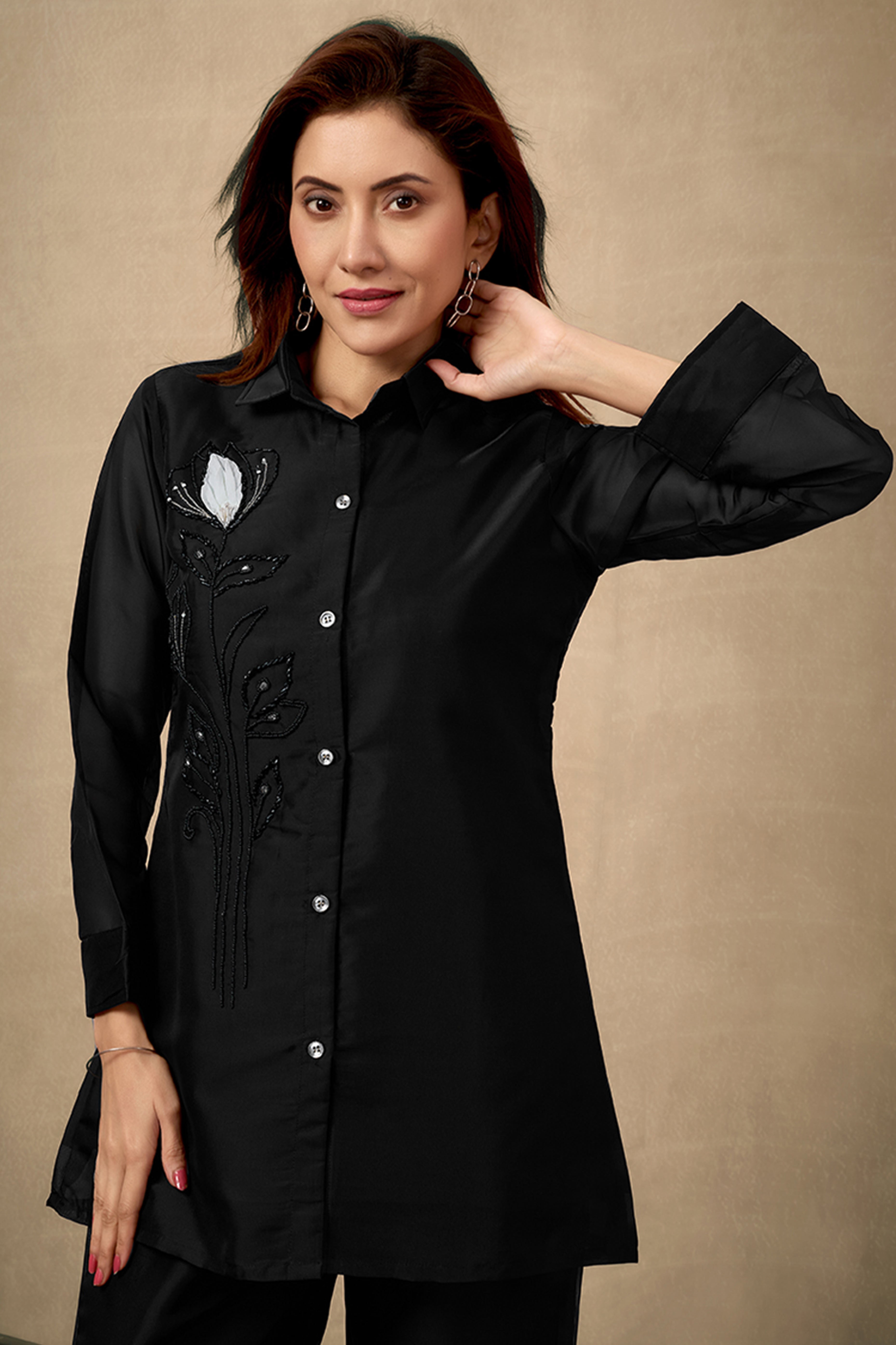 Black Stone Work Organza Straight Co-Ord Set