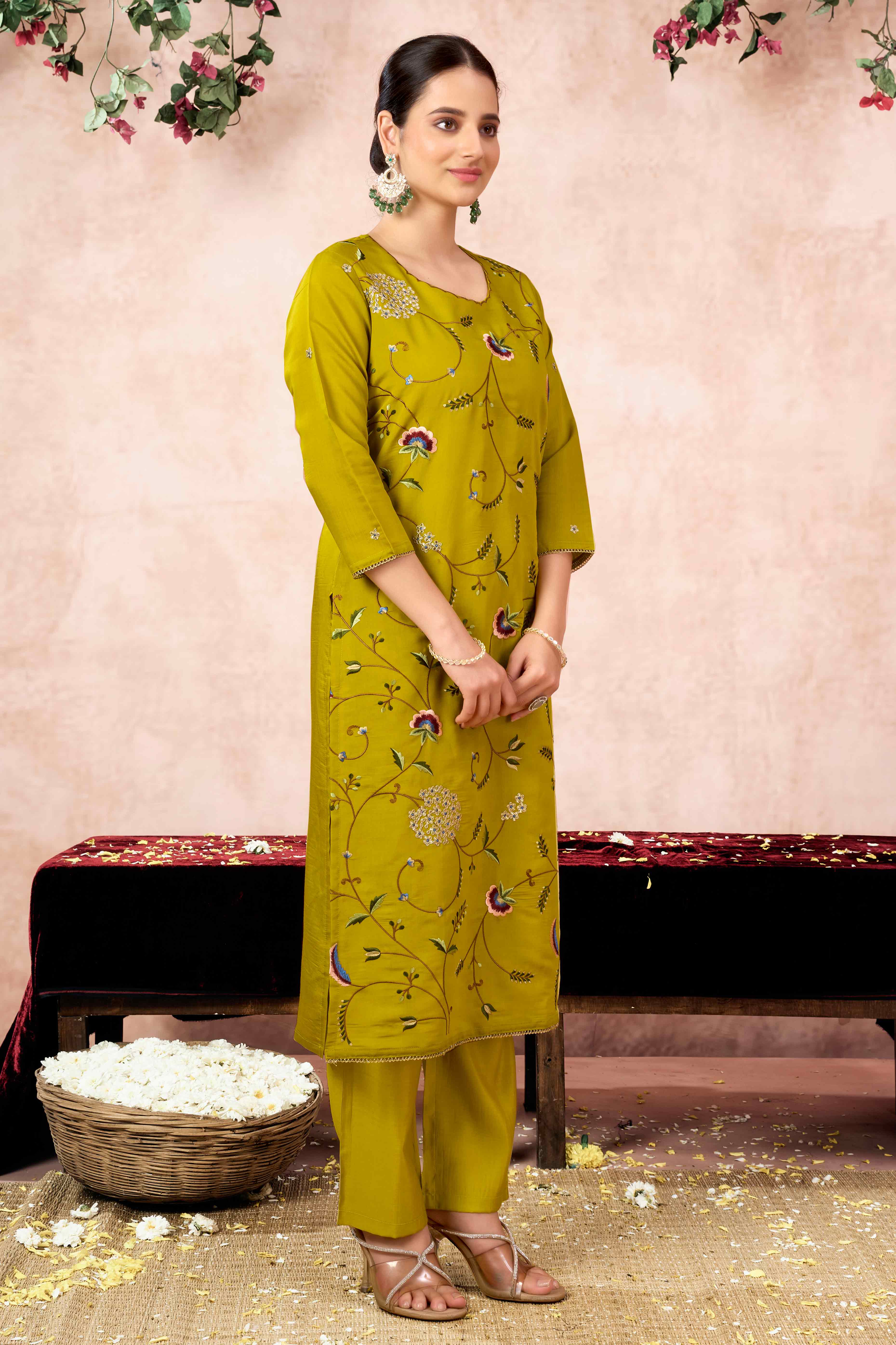 Lime Yellow Floral Embroidered Muslin Straight Salwar Suit