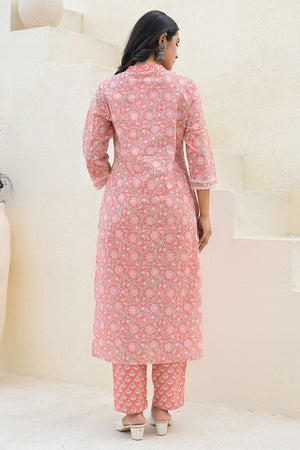 Gajari Pink Pure Cotton Straight Salwar Suit Adorned With Delicate Floral Prints & Embroidery Work