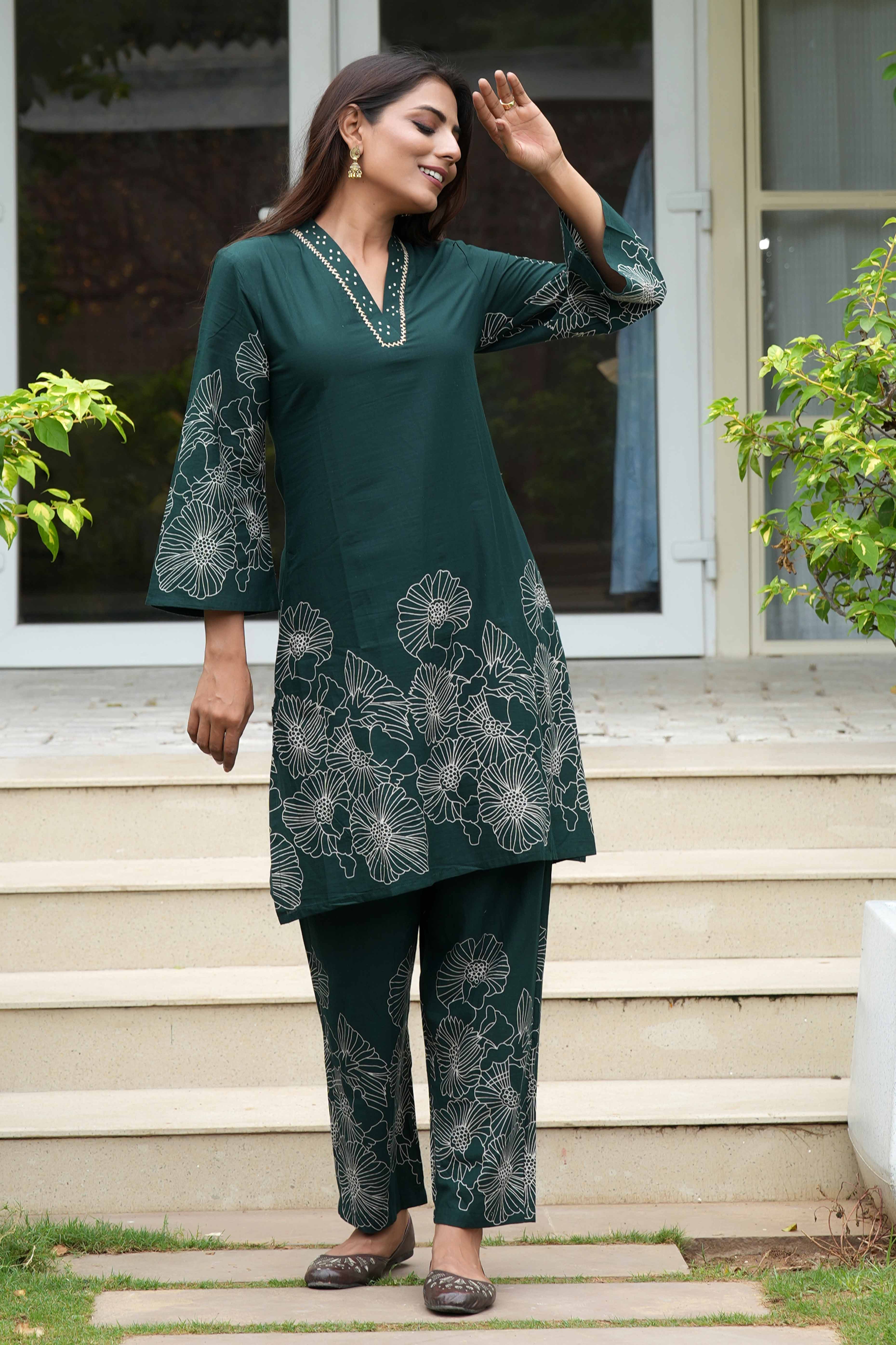 Stylish A-Line Cotton Co-Ord Set in Bottle Green with Floral Prints