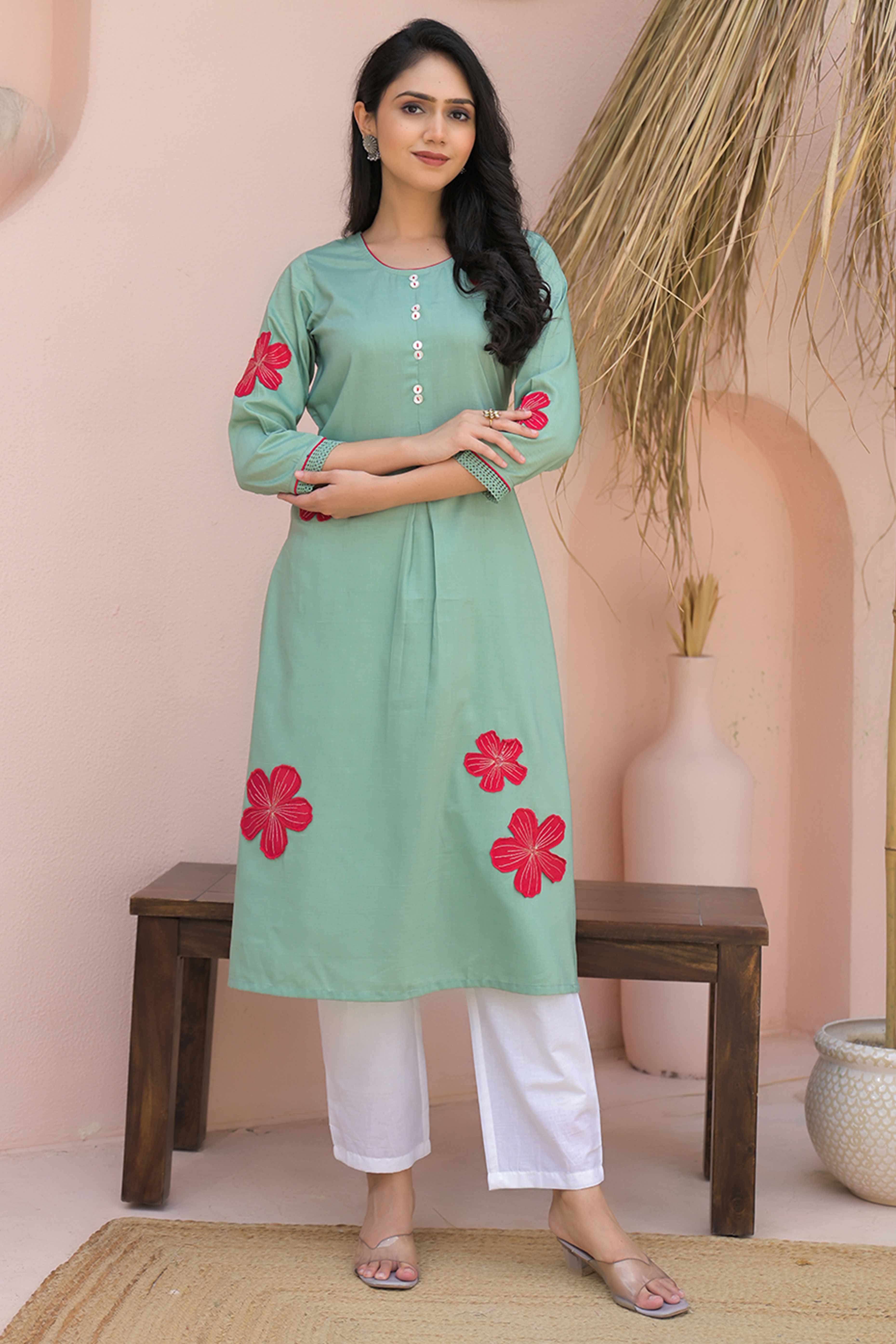 Sea Green Cotton Blend Straight Kurti with Embroidered Floral Patterns