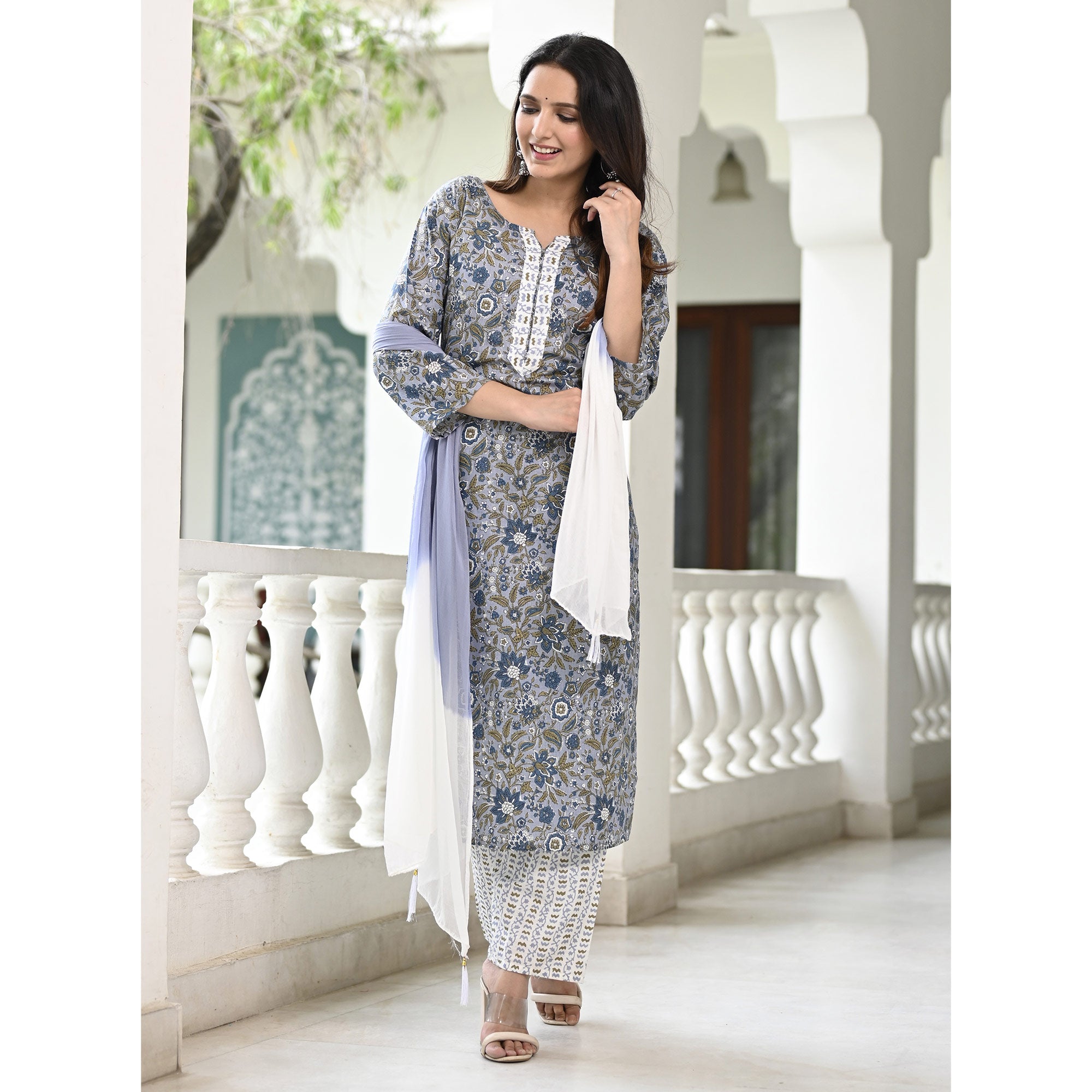 Blue Floral Printed Pure Cotton Suit