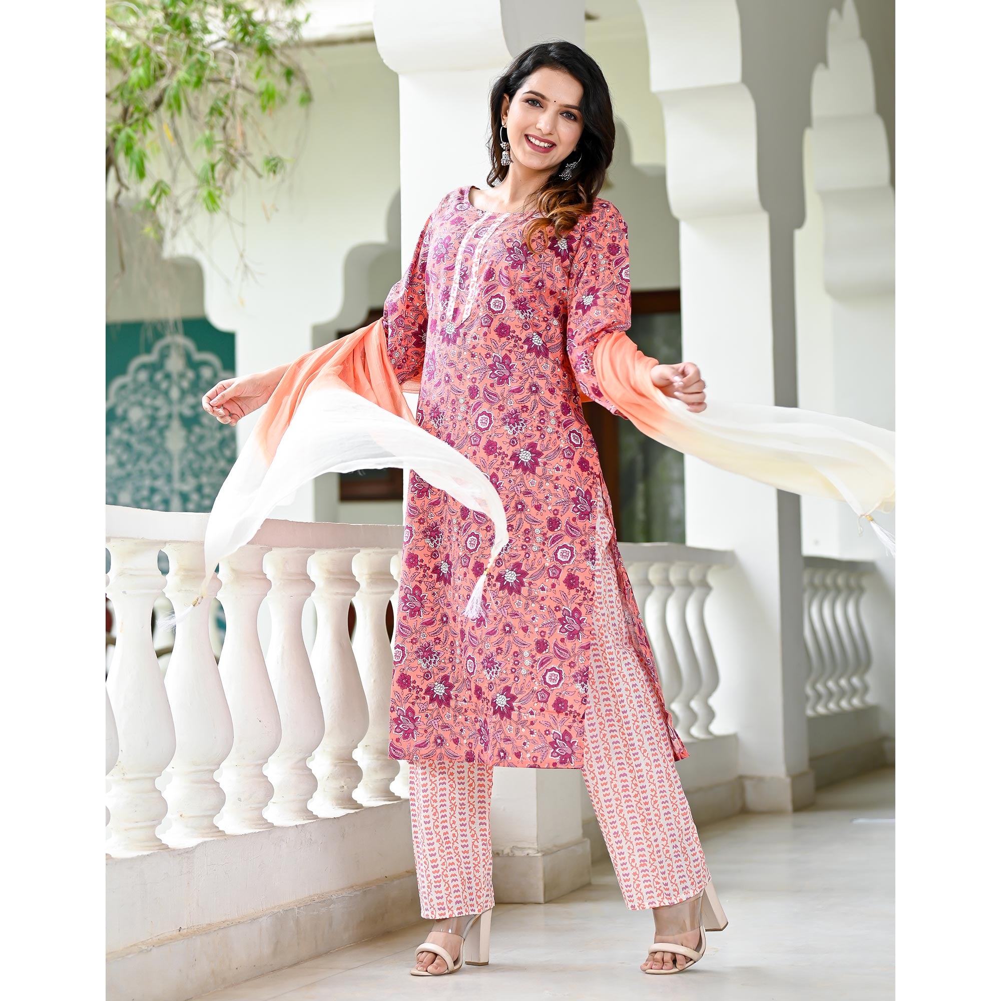 Peach Floral Printed Pure Cotton Suit